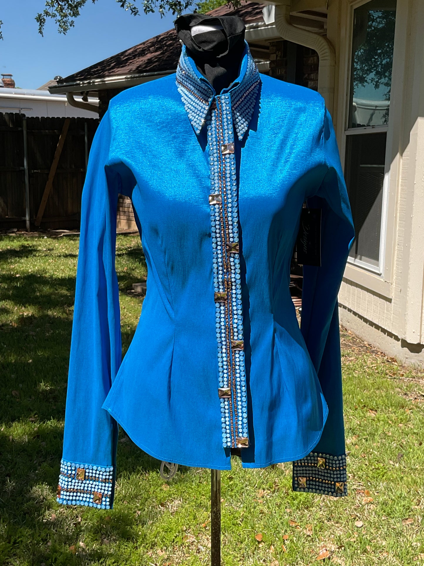 size small Turquoise day shirt stretch taffeta with rose gold and soft blue