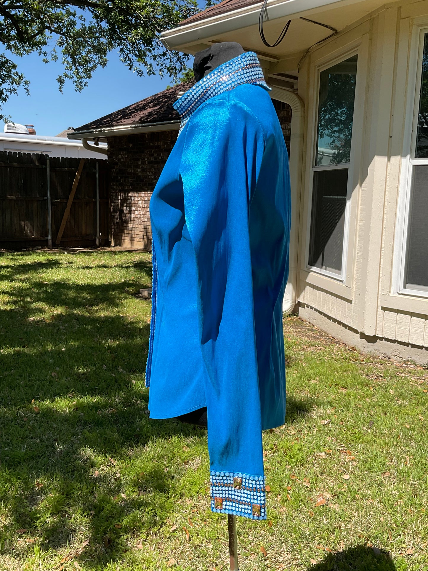 size small Turquoise day shirt stretch taffeta with rose gold and soft blue