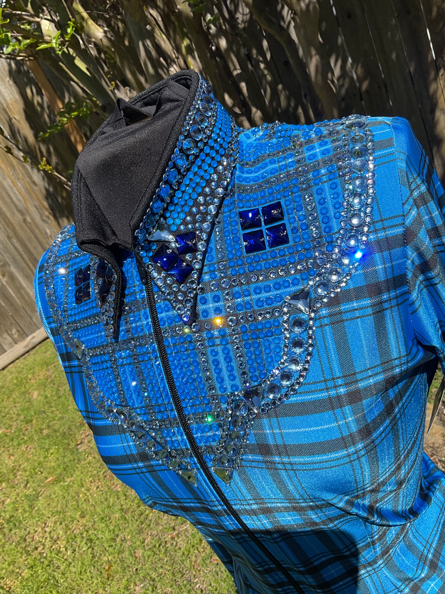 Size medium stretch Blue and Black Plaid taffeta with silver