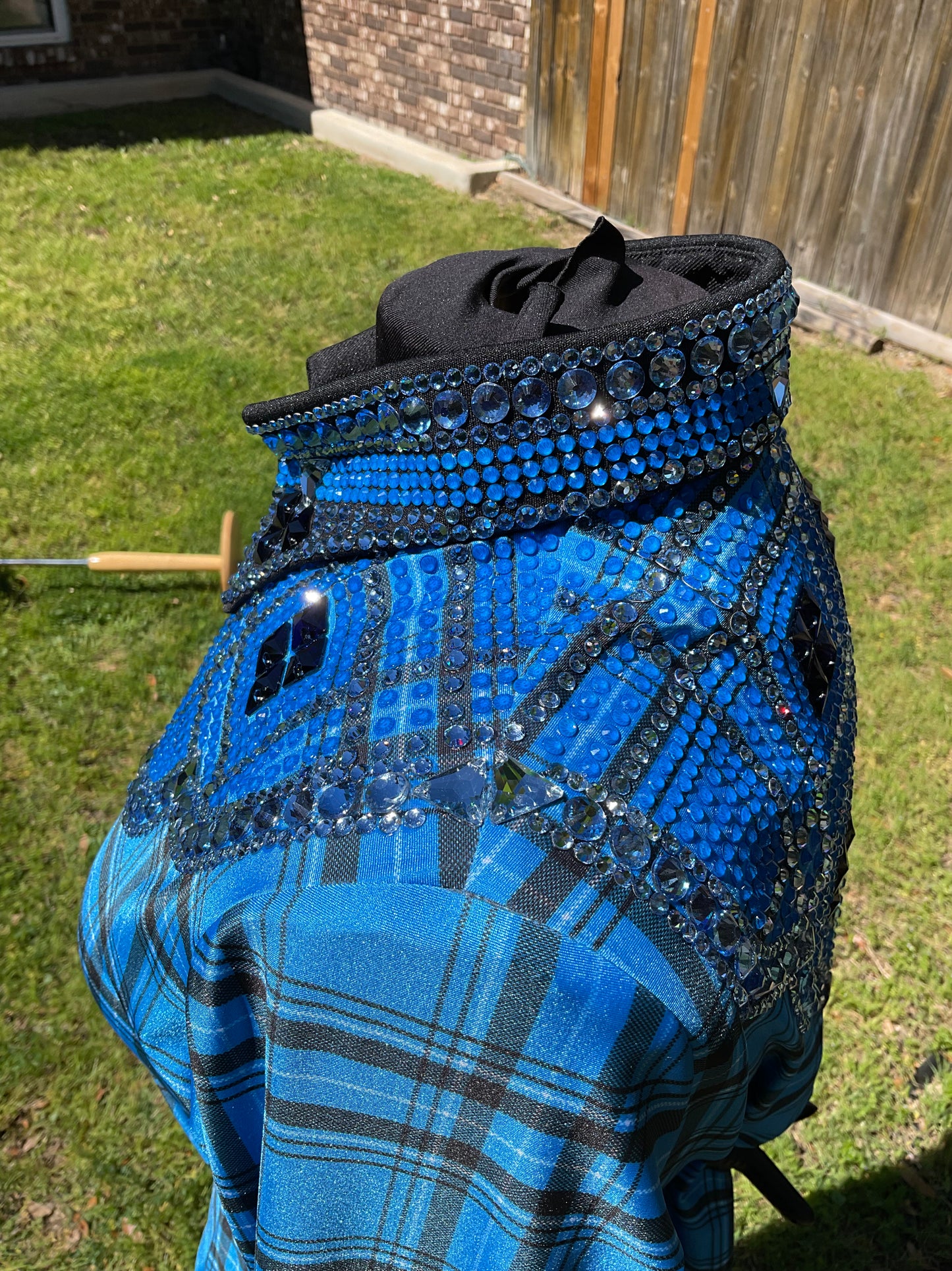 Size medium stretch Blue and Black Plaid taffeta with silver