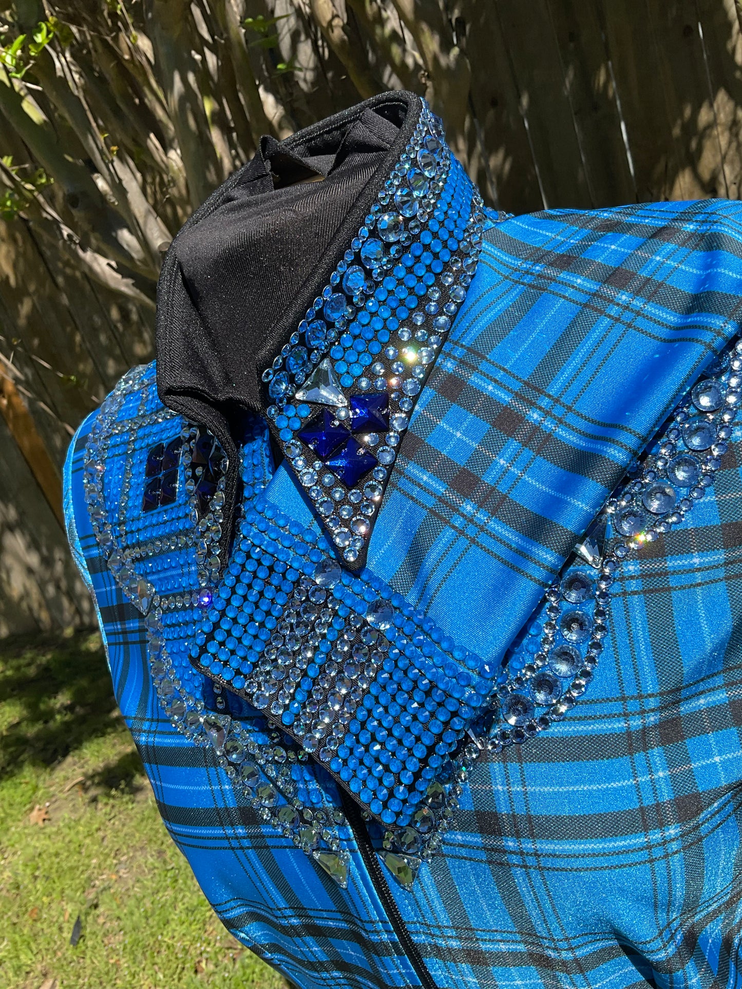 Size medium stretch Blue and Black Plaid taffeta with silver