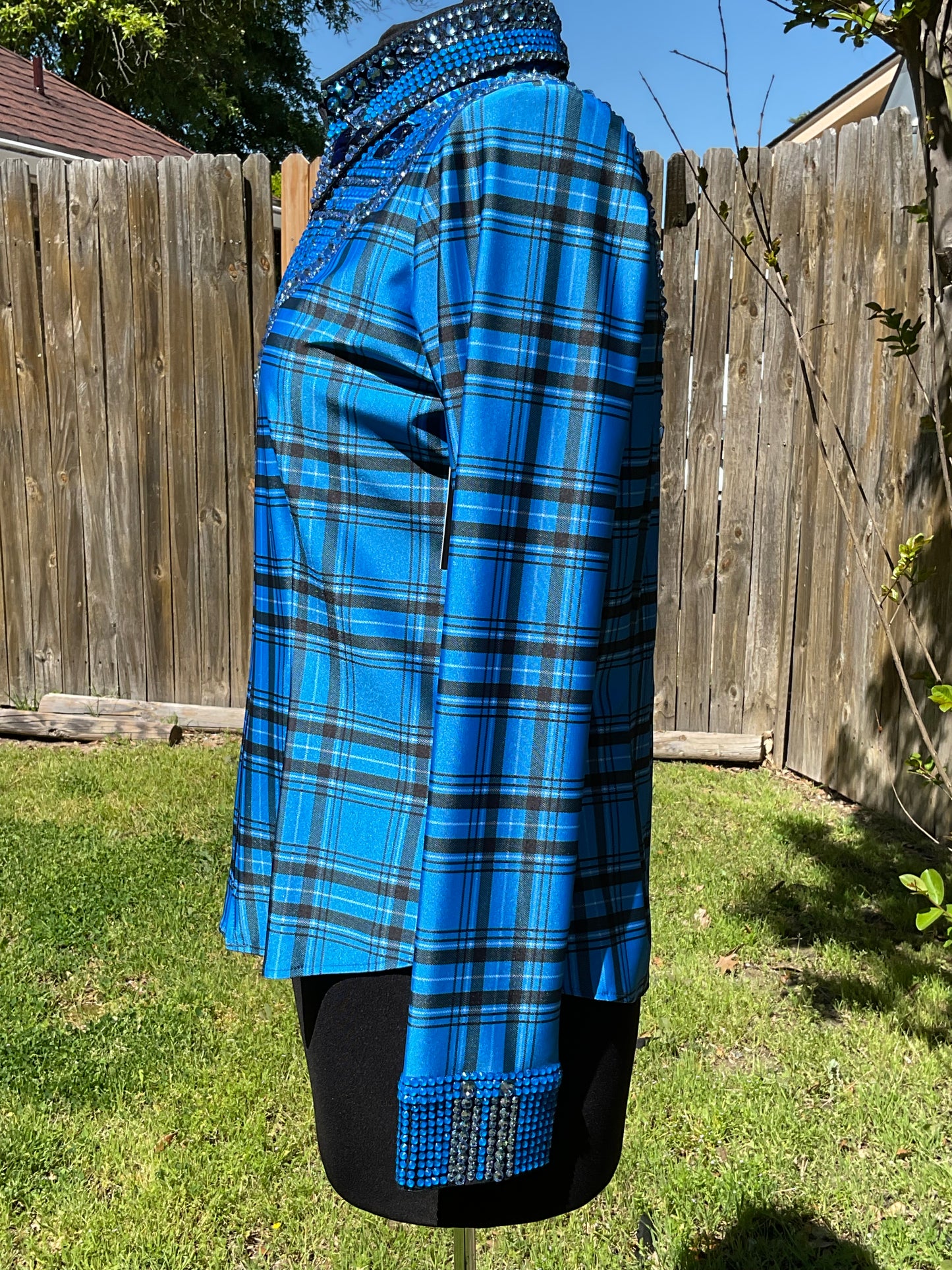 Size medium stretch Blue and Black Plaid taffeta with silver