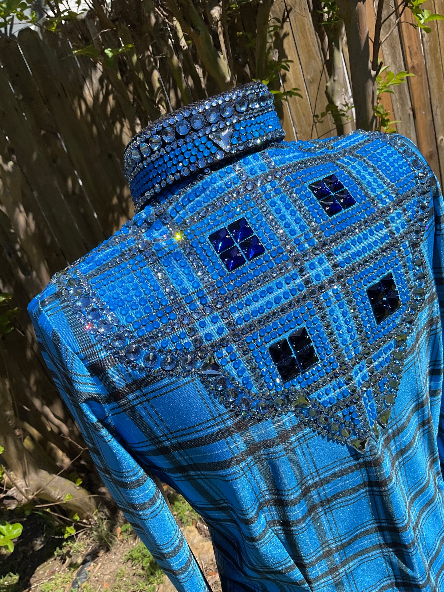 Size medium stretch Blue and Black Plaid taffeta with silver