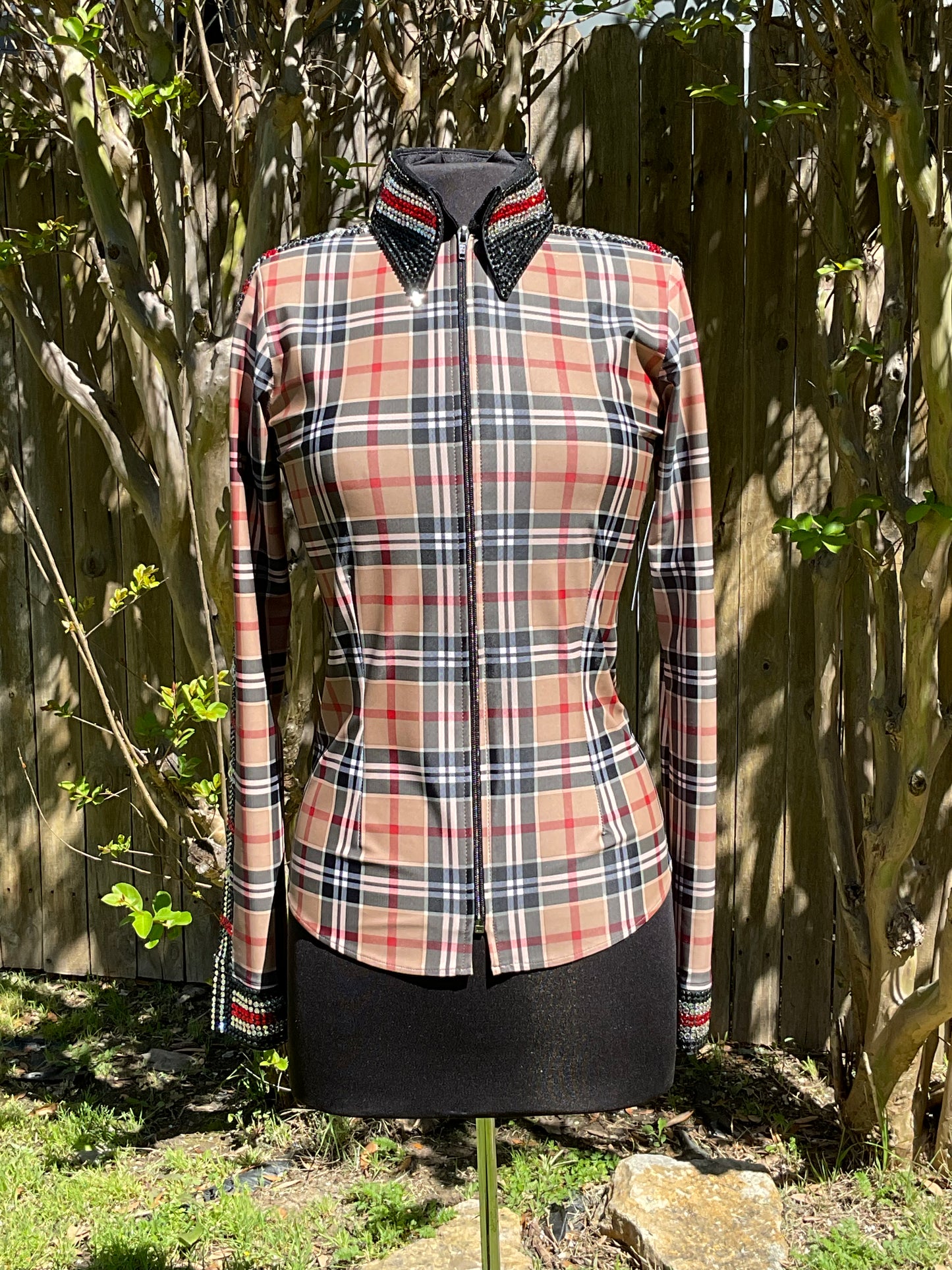 Size medium stretch Tan and Black Plaid taffeta with silver and red
