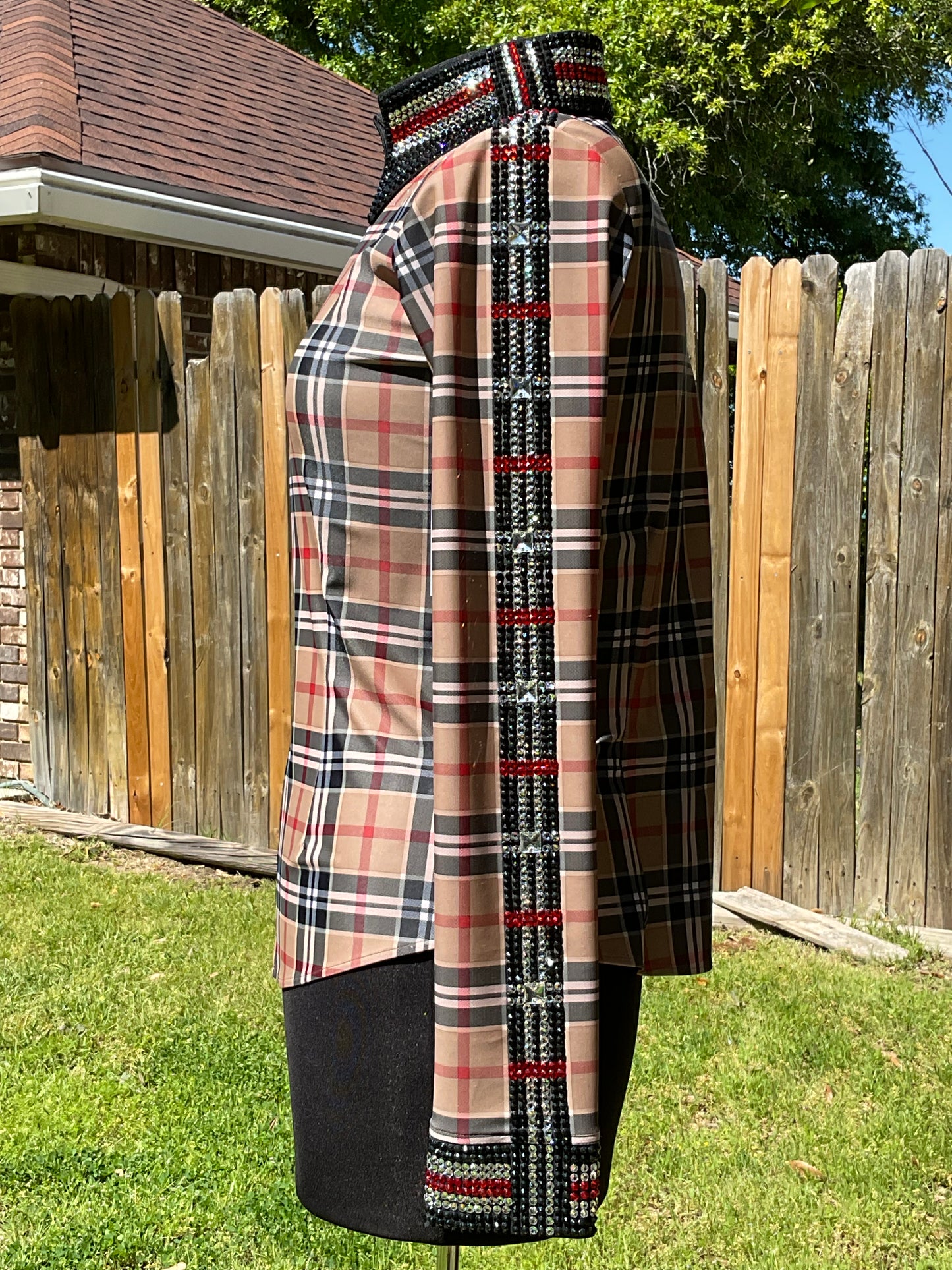 Size medium stretch Tan and Black Plaid taffeta with silver and red