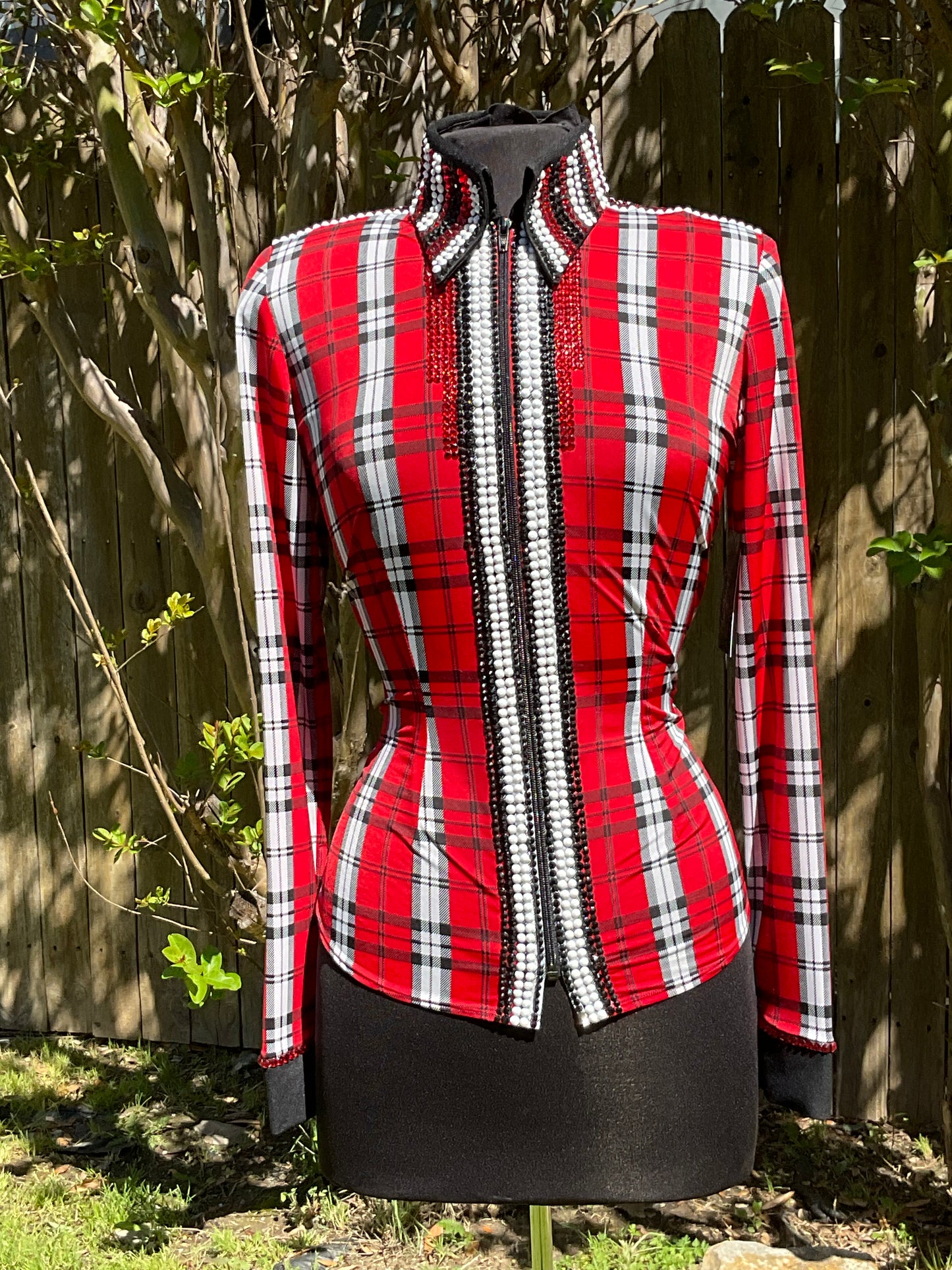 Size medium stretch Red and Black Plaid with whites