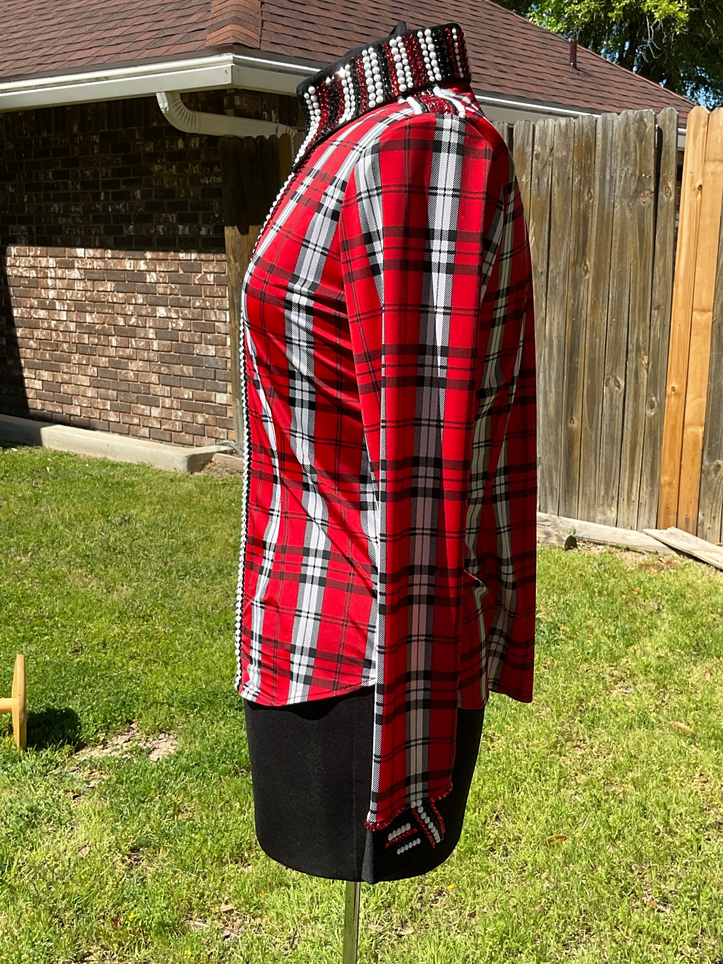 Size medium stretch Red and Black Plaid with whites