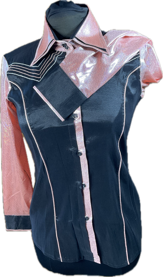 Western/Ranch double collar button up shirt black stretch taffeta with peach metallic sleeves and trims