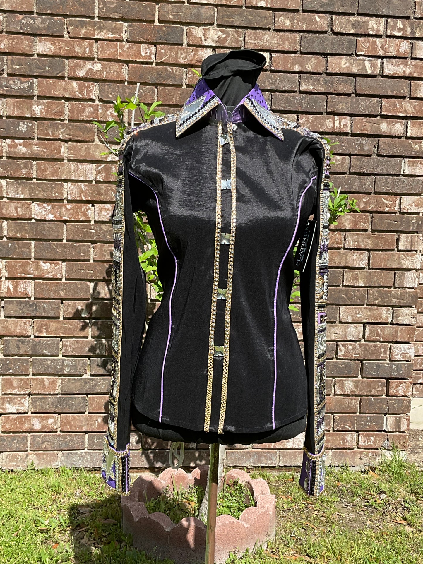 size small black stretch taffeta with purple, gold and silver