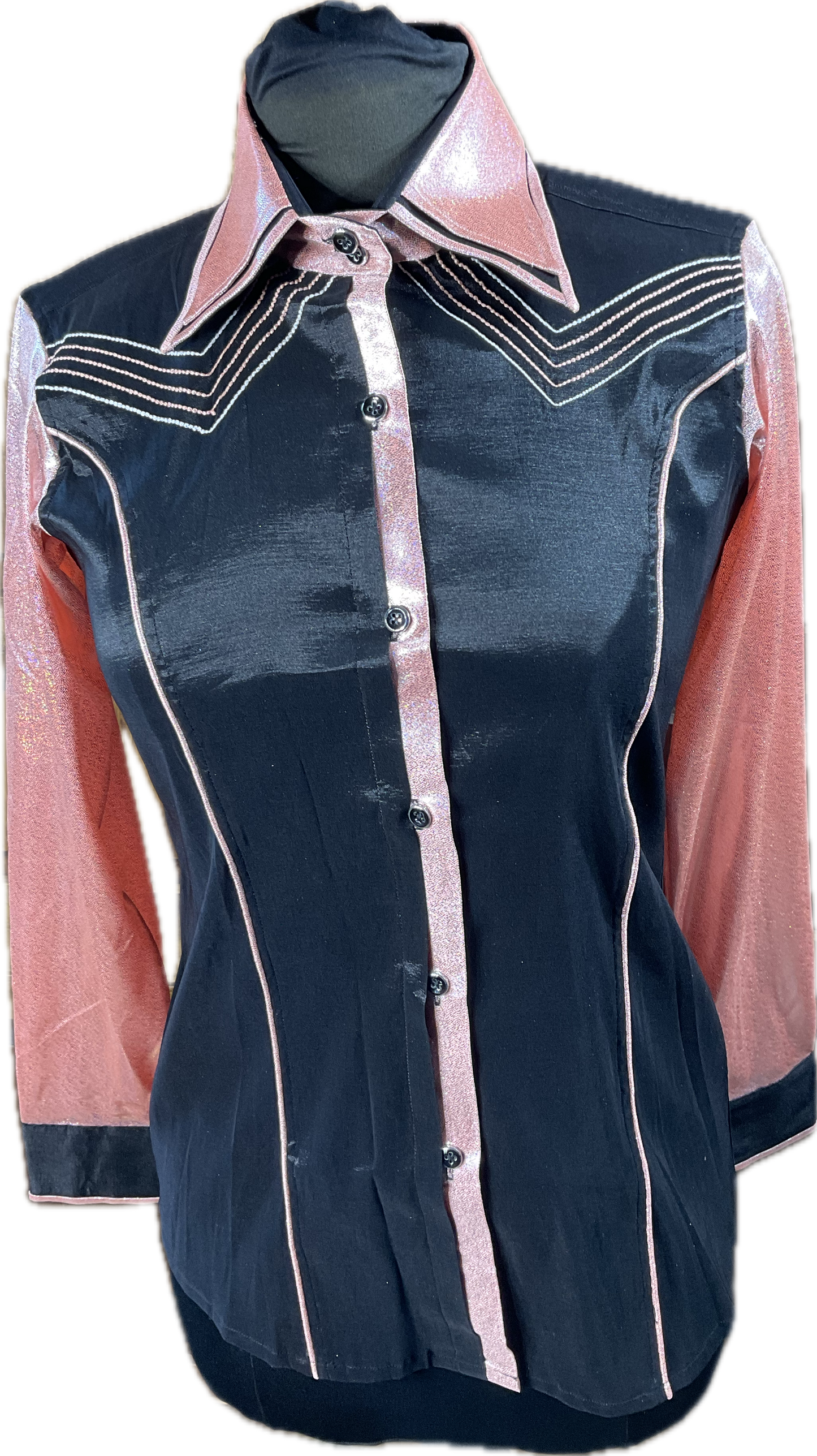 Western/Ranch double collar button up shirt black stretch taffeta with peach metallic sleeves and trims