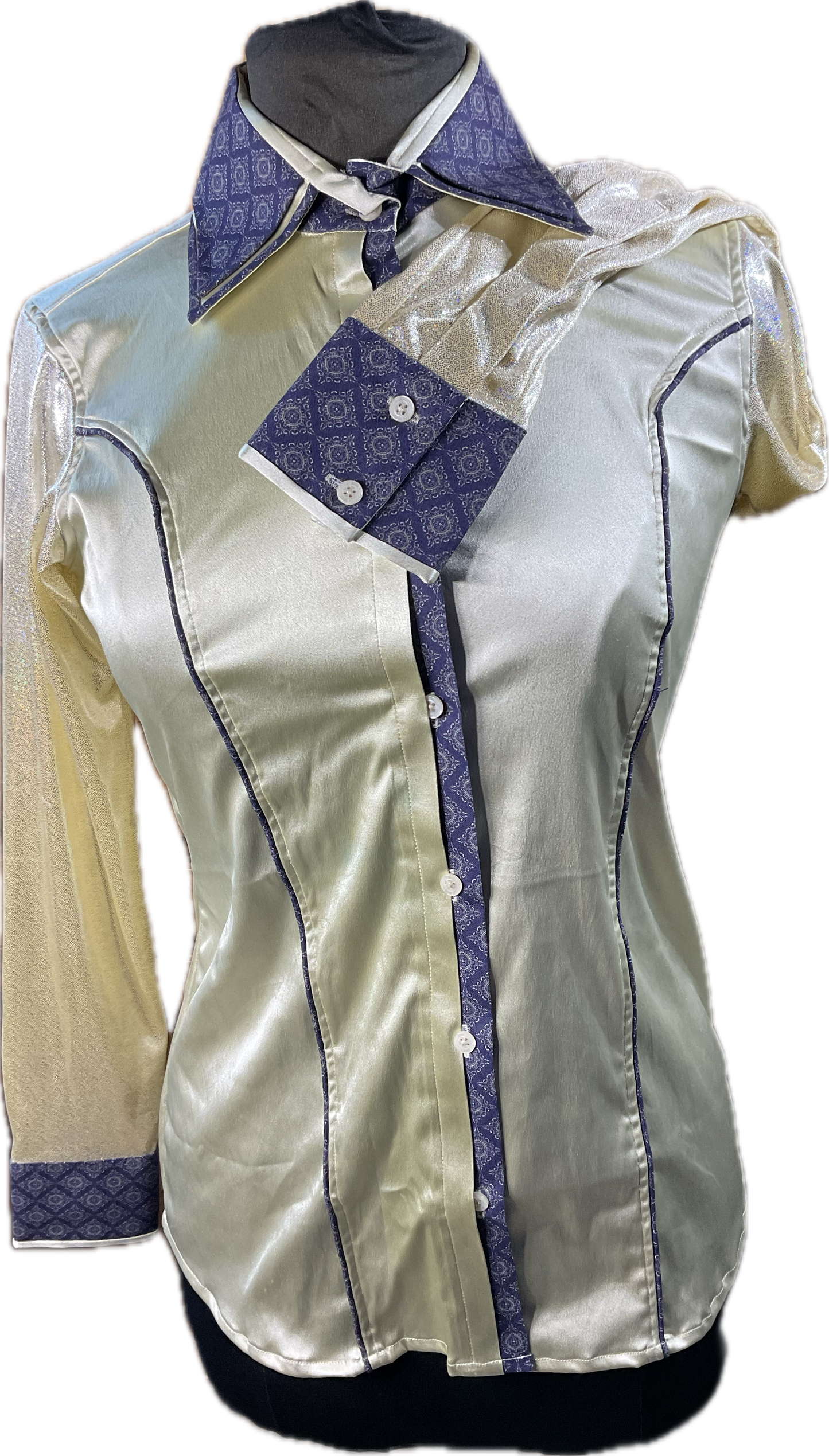 *36 Bust* Western/Ranch double collar button up shirt cream stretch satin with metallic sleeves and navy trims