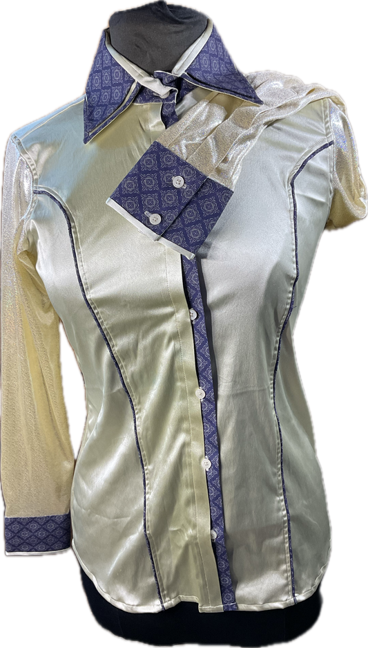 *36 Bust* Western/Ranch double collar button up shirt cream stretch satin with metallic sleeves and navy trims