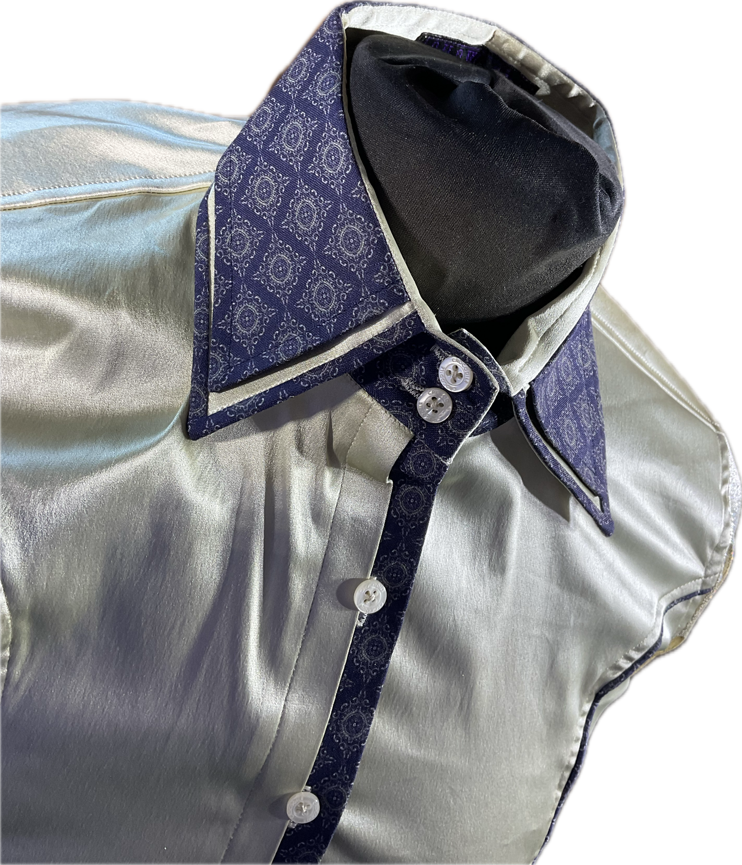 *36 Bust* Western/Ranch double collar button up shirt cream stretch satin with metallic sleeves and navy trims