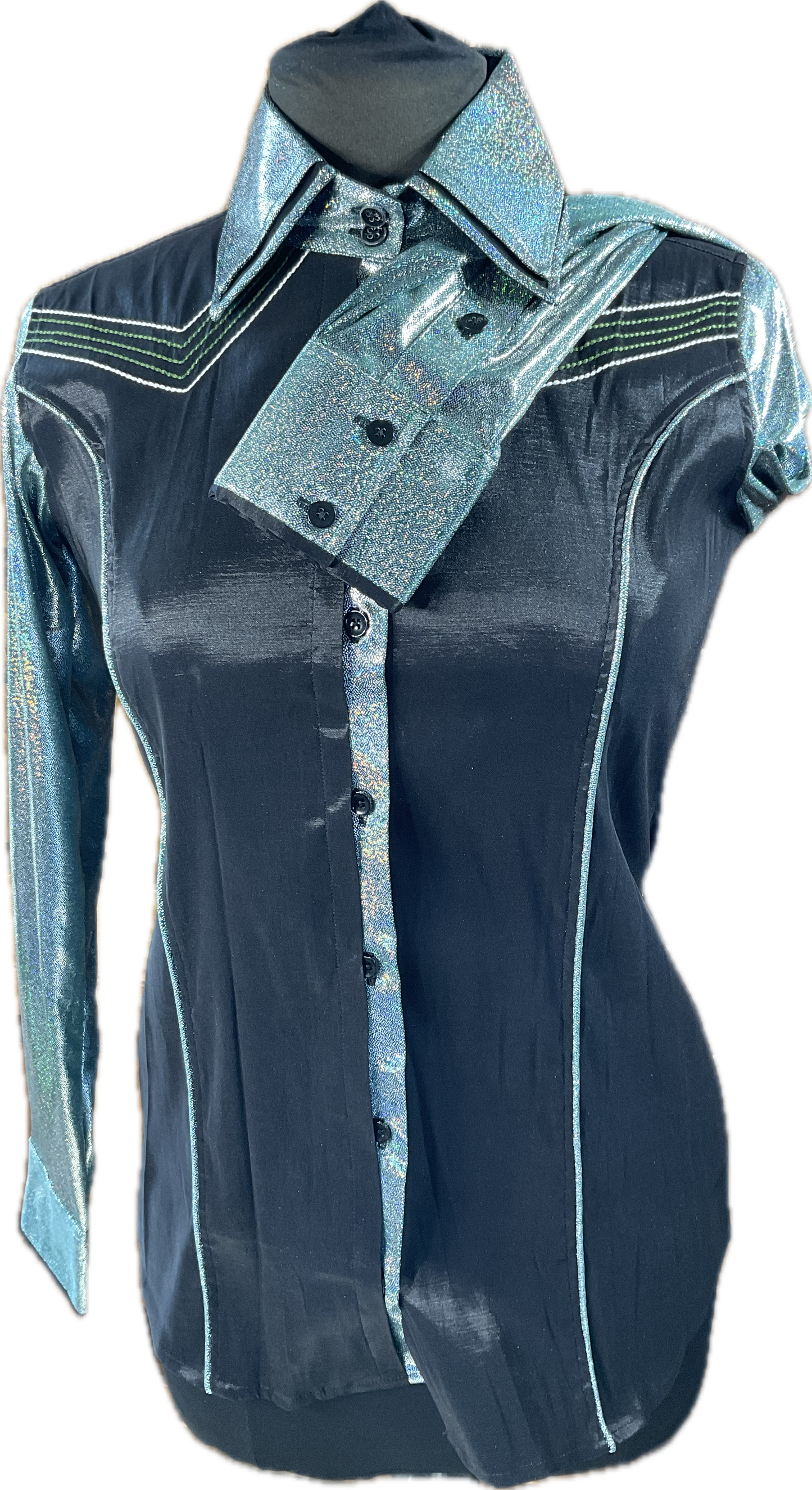 Western/Ranch double collar button up shirt black stretch taffeta with aqua metallic sleeves