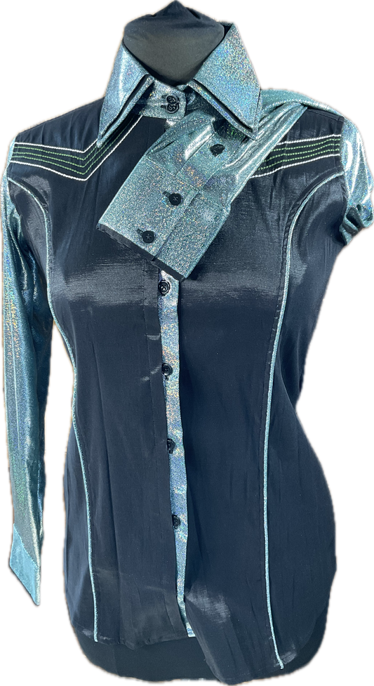 Western/Ranch double collar button up shirt black stretch taffeta with aqua metallic sleeves