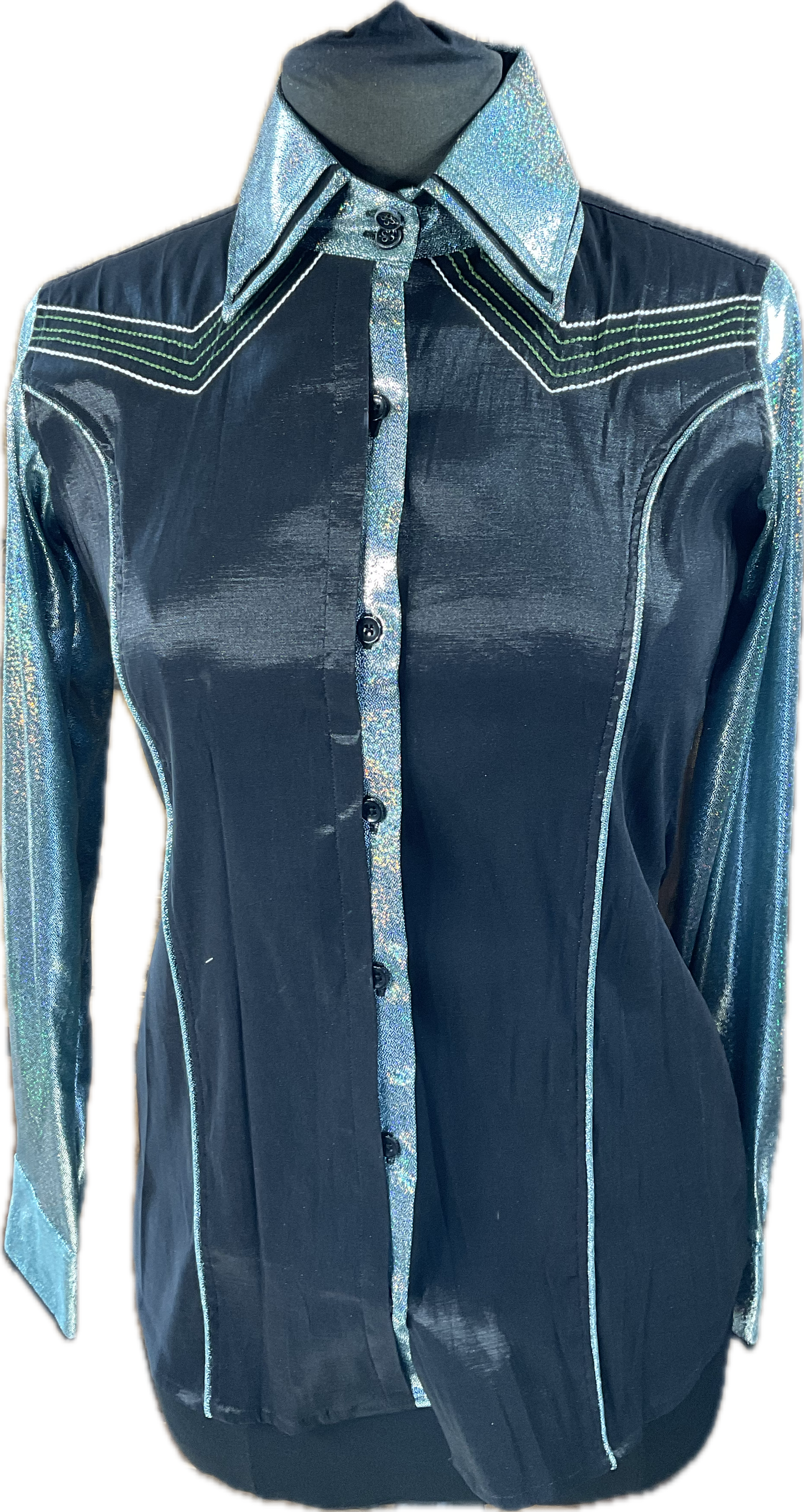 Western/Ranch double collar button up shirt black stretch taffeta with aqua metallic sleeves