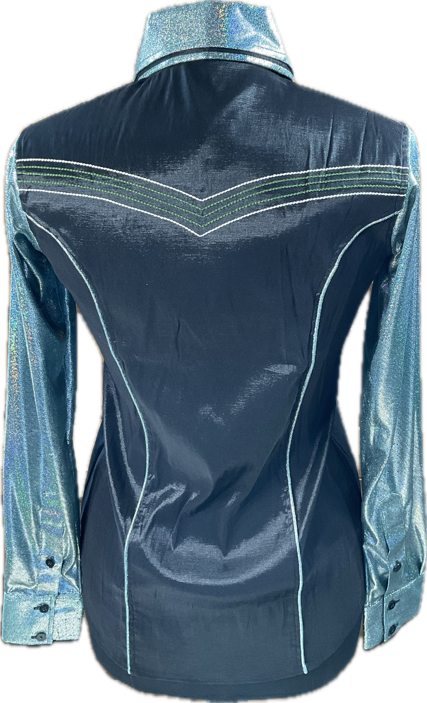 Western/Ranch double collar button up shirt black stretch taffeta with aqua metallic sleeves