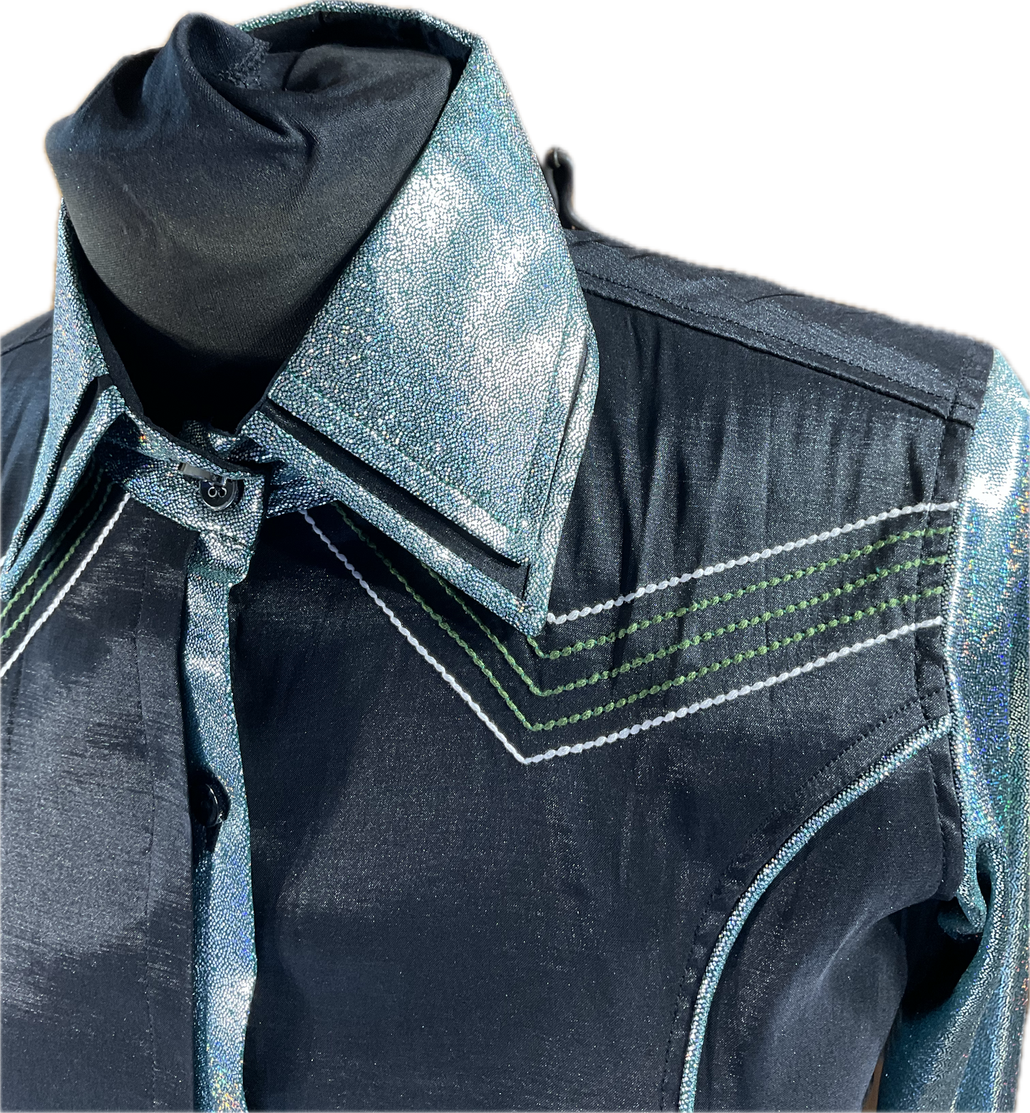 Western/Ranch double collar button up shirt black stretch taffeta with aqua metallic sleeves