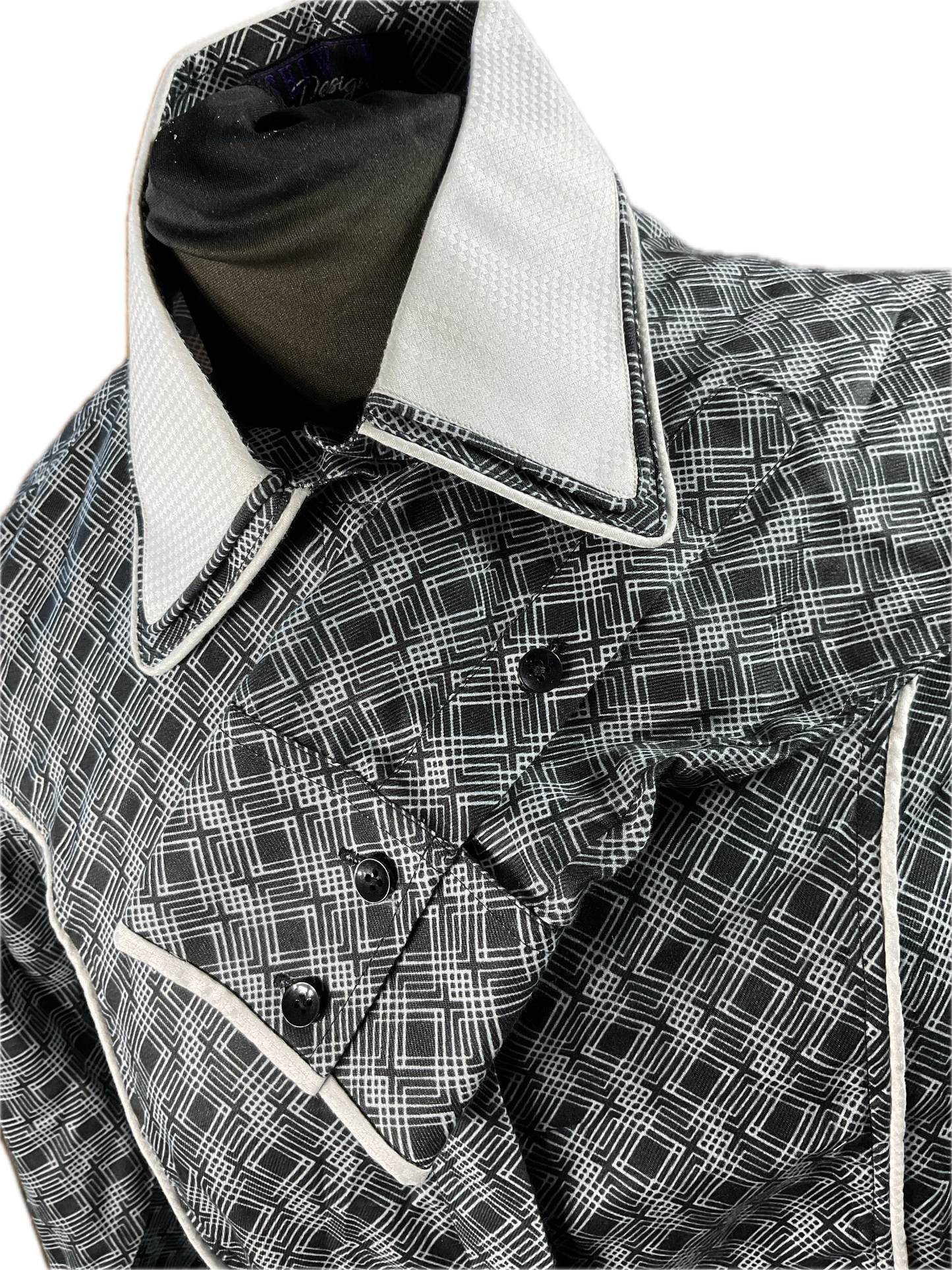 *40 Bust* Western/Ranch double collar hidden zipper shirt black cotton fabric with geometric design