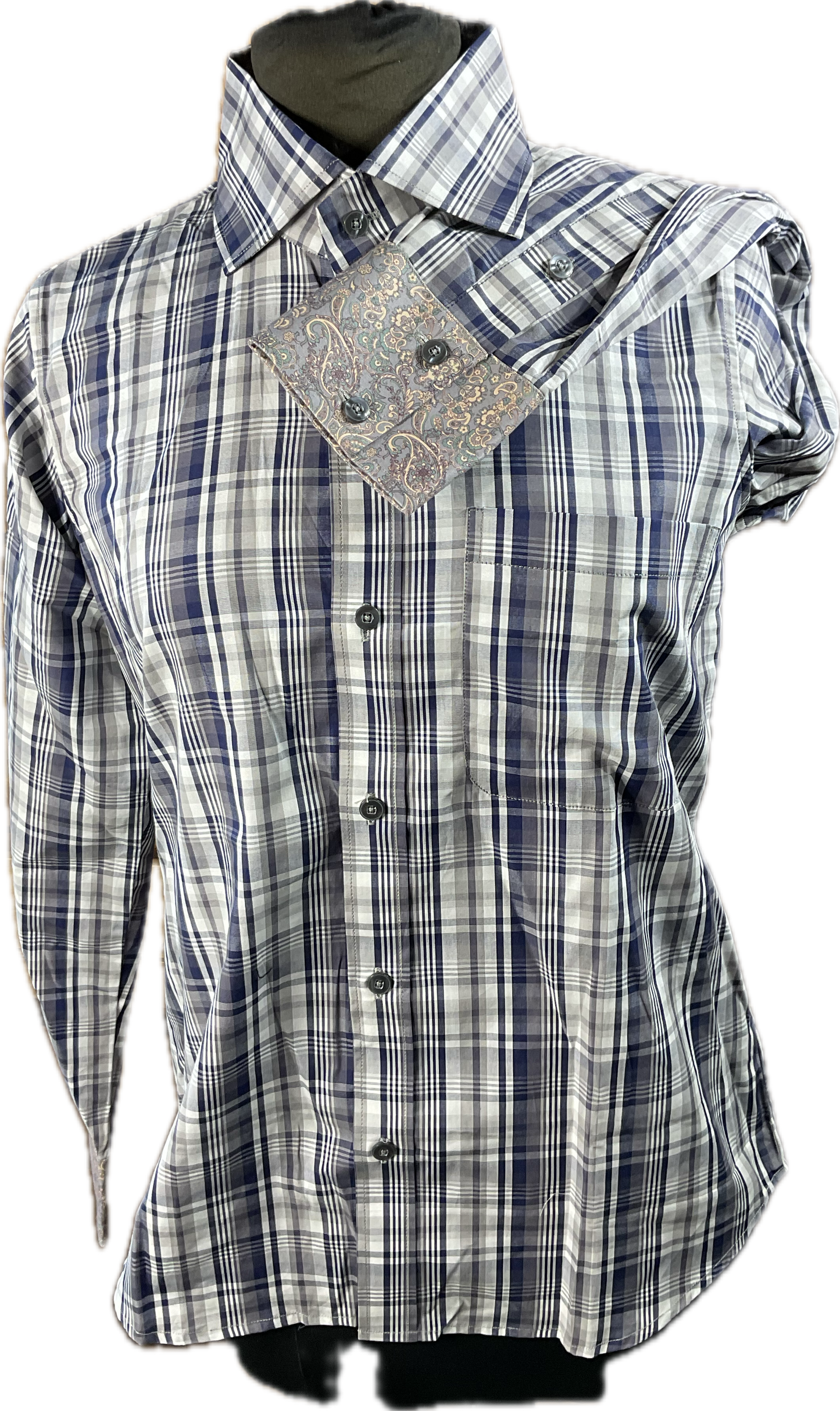 *40 Bust* Western/Ranch cotton navy/grey plaid button up