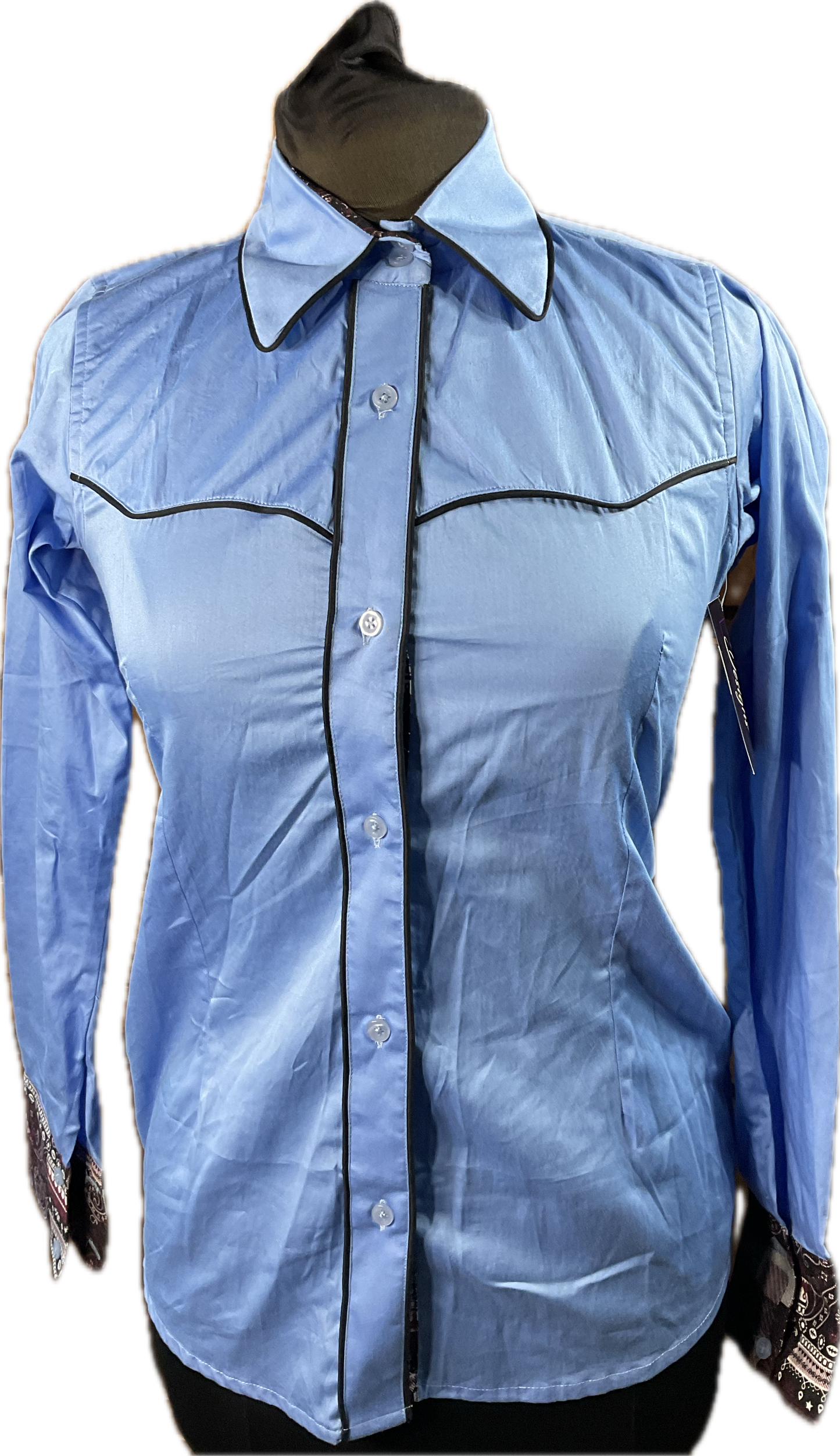 *32 Bust* Western/Ranch cotton button up, periwinkle blue with black retro style trims