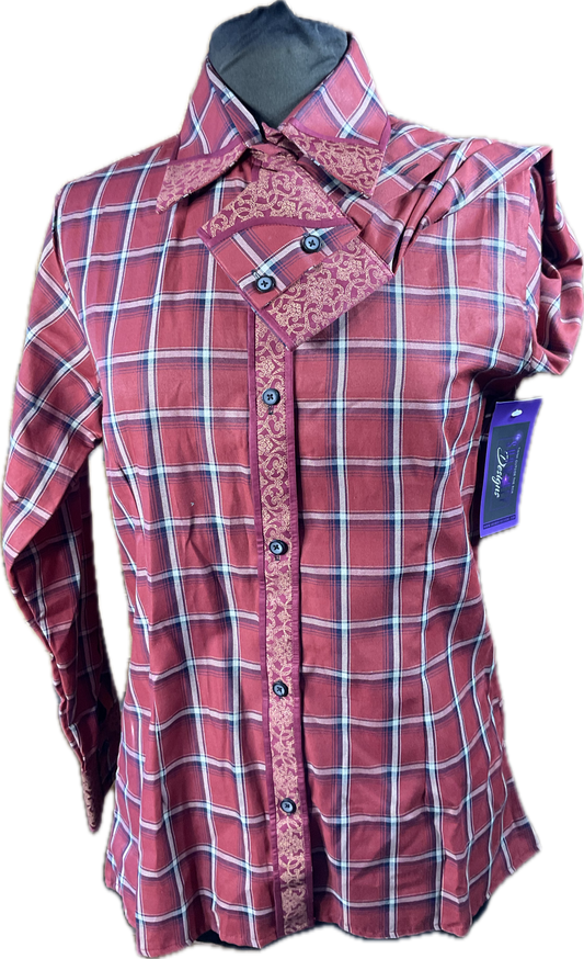 *42 Bust* Western/Ranch cotton button up, brick red plaid with matching trims