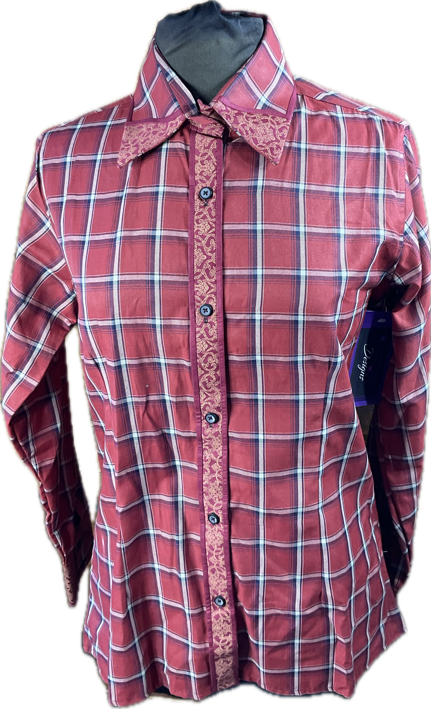 *42 Bust* Western/Ranch cotton button up, brick red plaid with matching trims