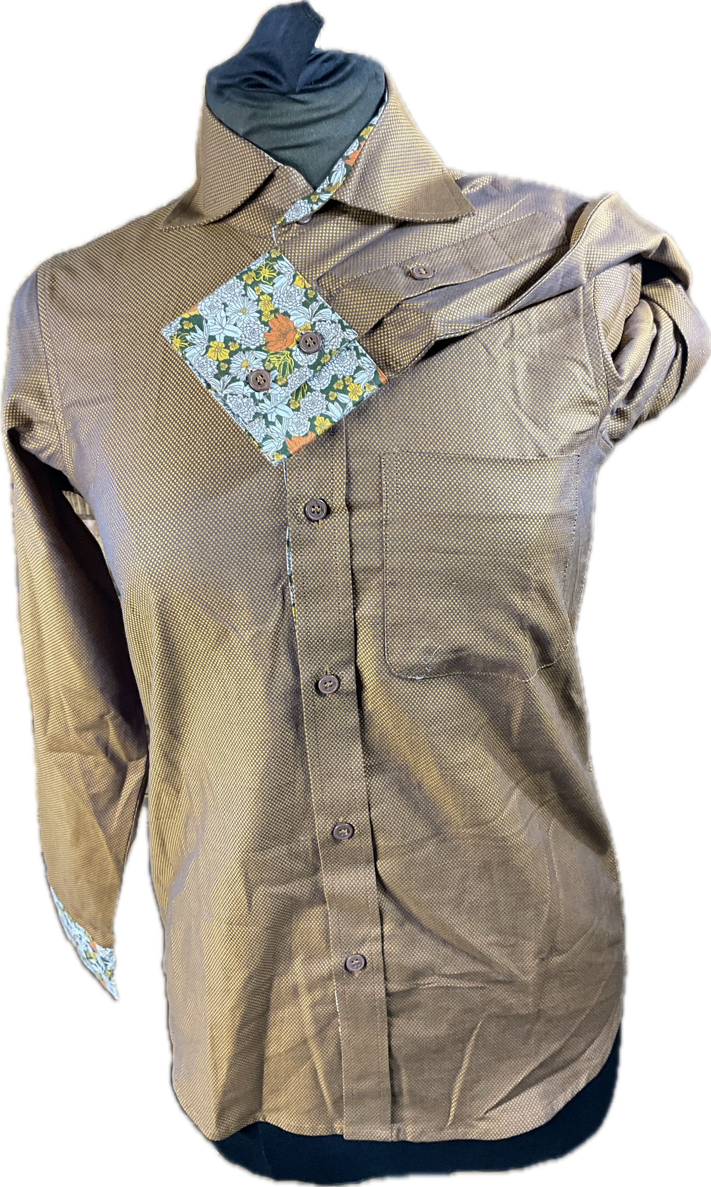 *36 Bust* Western/Ranch cotton button up, copper micro box pattern with floral trim cuffs