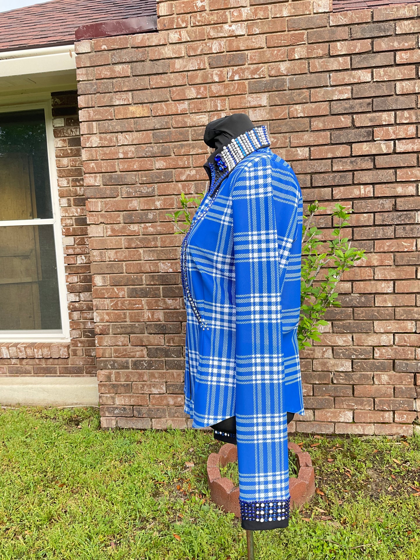 Size medium stretch Blue and White Plaid with Silver