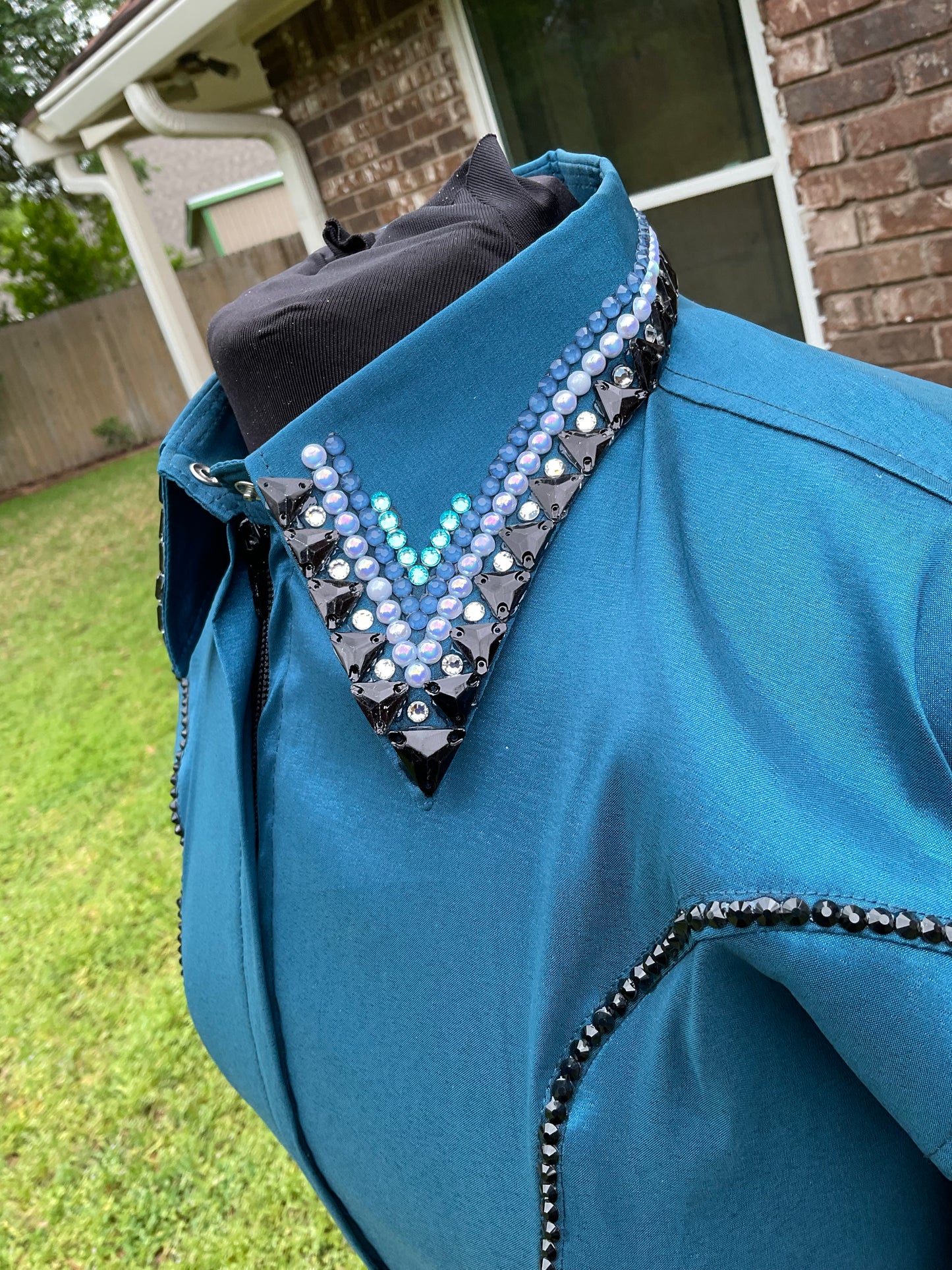 Size medium Dark Teal stretch taffeta with black and silver