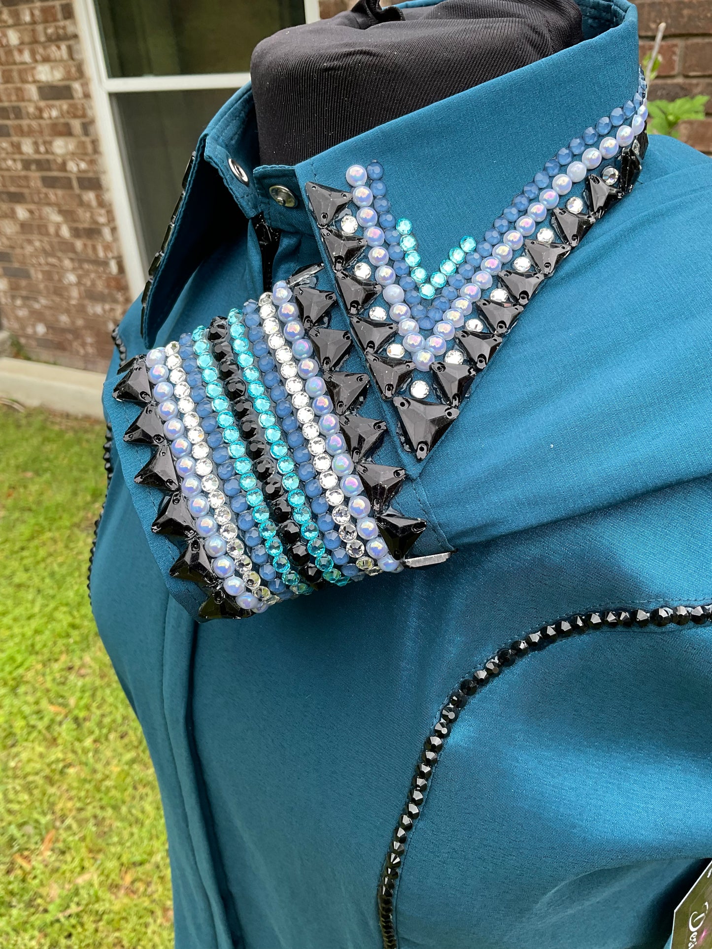 Size medium Dark Teal stretch taffeta with black and silver