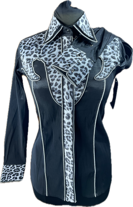 *36 Bust* Western/Ranch double collar hidden zipper shirt black stretch taffeta with cheetah retro design