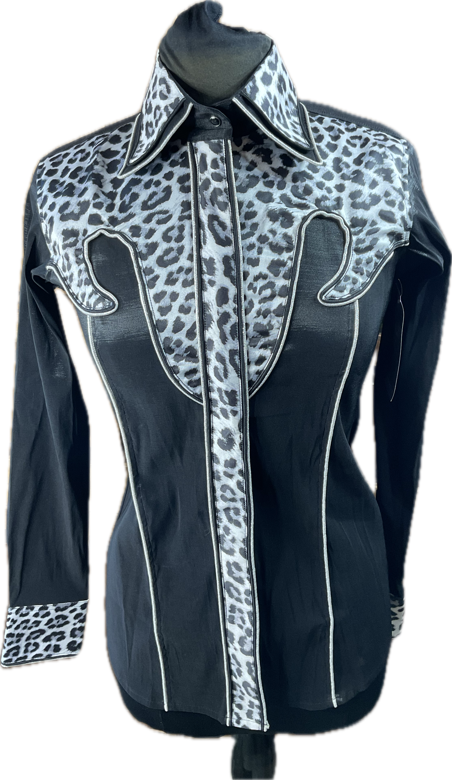 *36 Bust* Western/Ranch double collar hidden zipper shirt black stretch taffeta with cheetah retro design