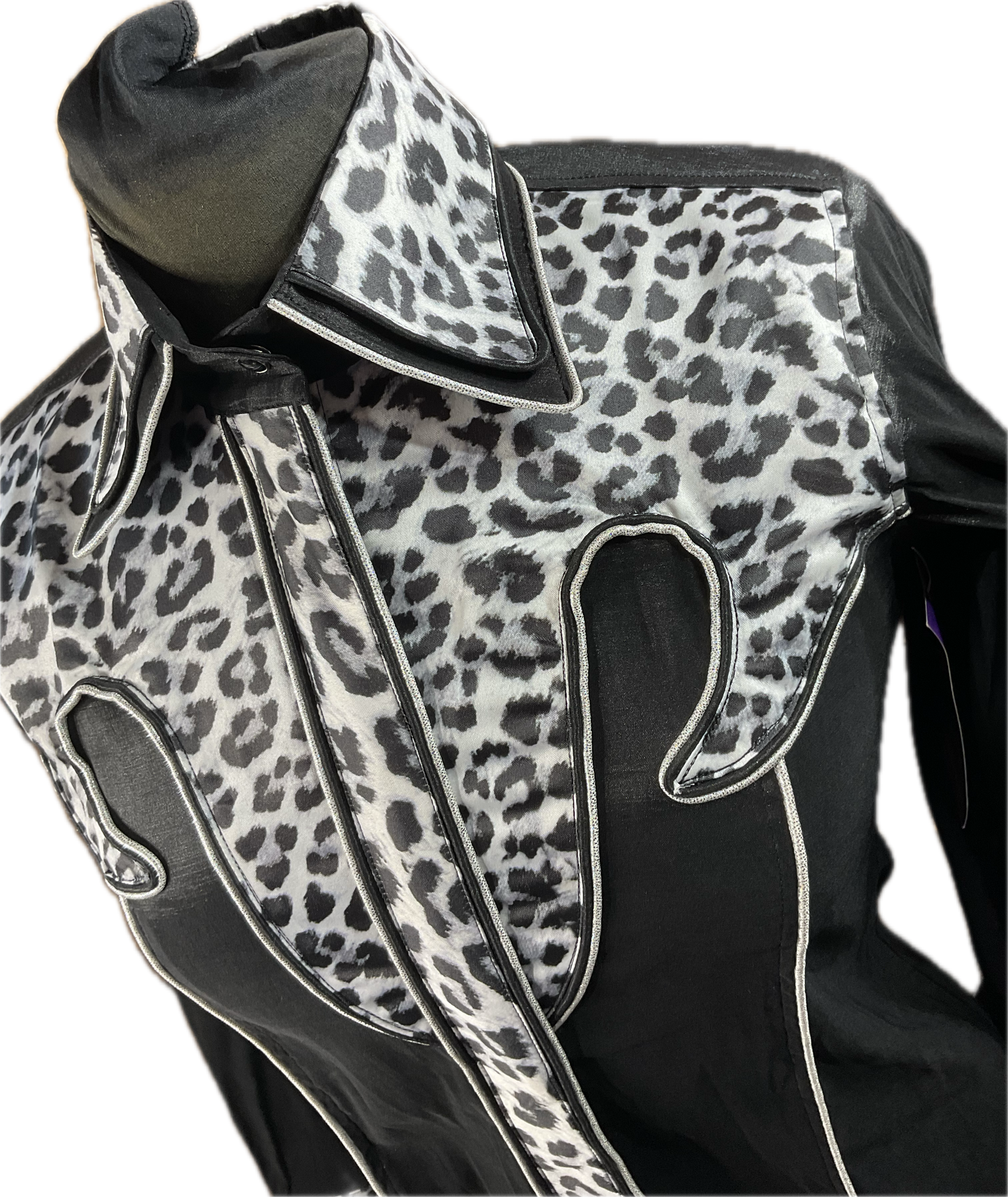 *36 Bust* Western/Ranch double collar hidden zipper shirt black stretch taffeta with cheetah retro design