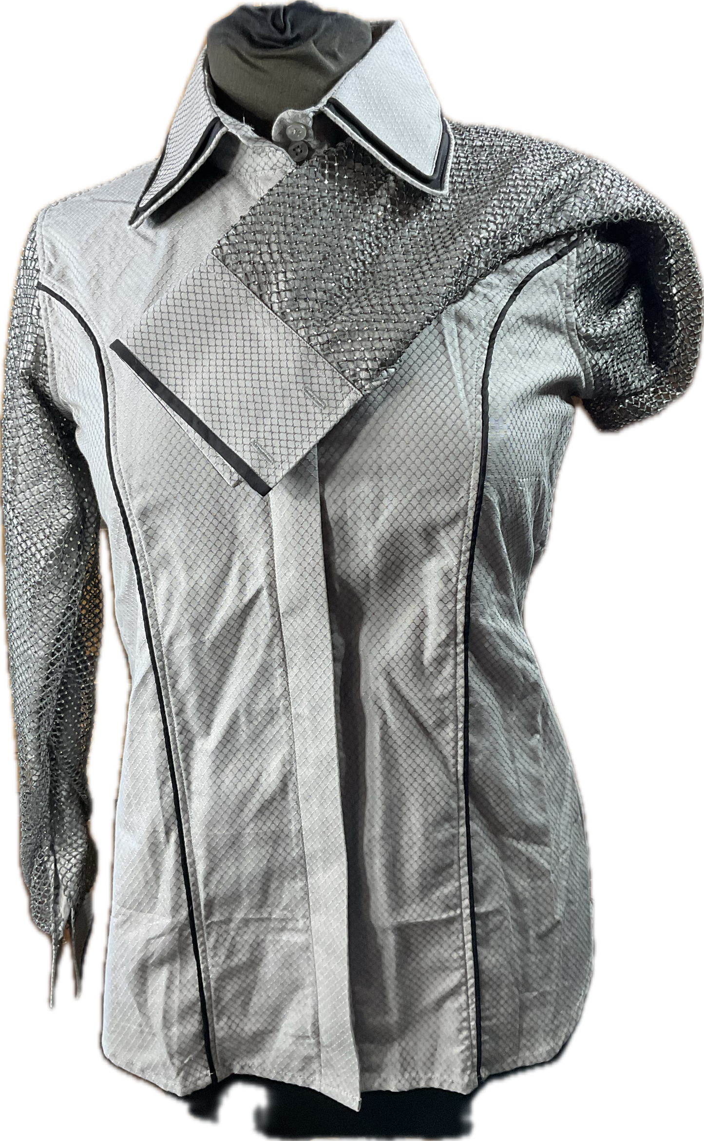 *38 Bust* Western/Ranch double collar hidden zipper shirt grey texture fabric with webbing retro design and gorgeous tiny crystals on the webbing