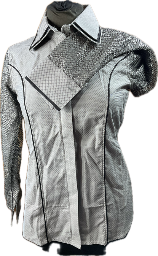 *38 Bust* Western/Ranch double collar hidden zipper shirt grey texture fabric with webbing retro design and gorgeous tiny crystals on the webbing