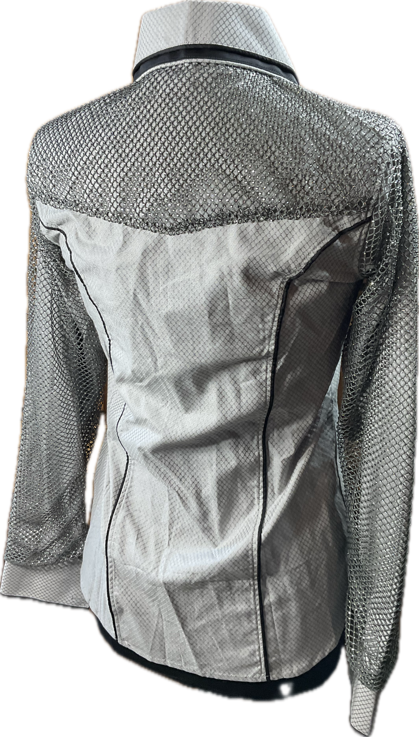 *38 Bust* Western/Ranch double collar hidden zipper shirt grey texture fabric with webbing retro design and gorgeous tiny crystals on the webbing