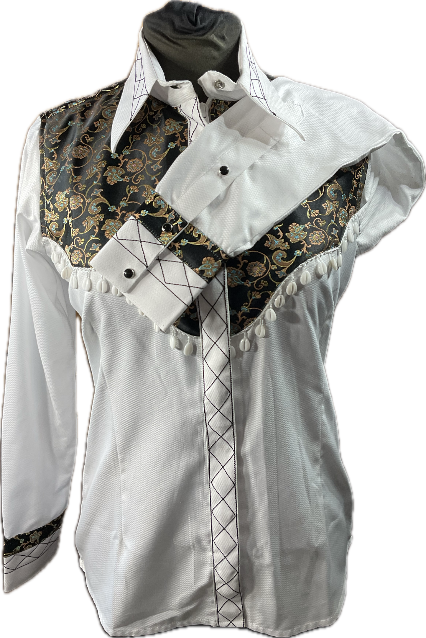 *36 Bust* Western/Ranch hidden zipper shirt white with black floral retro design with white sea shells