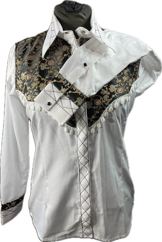 *36 Bust* Western/Ranch hidden zipper shirt white with black floral retro design with white sea shells