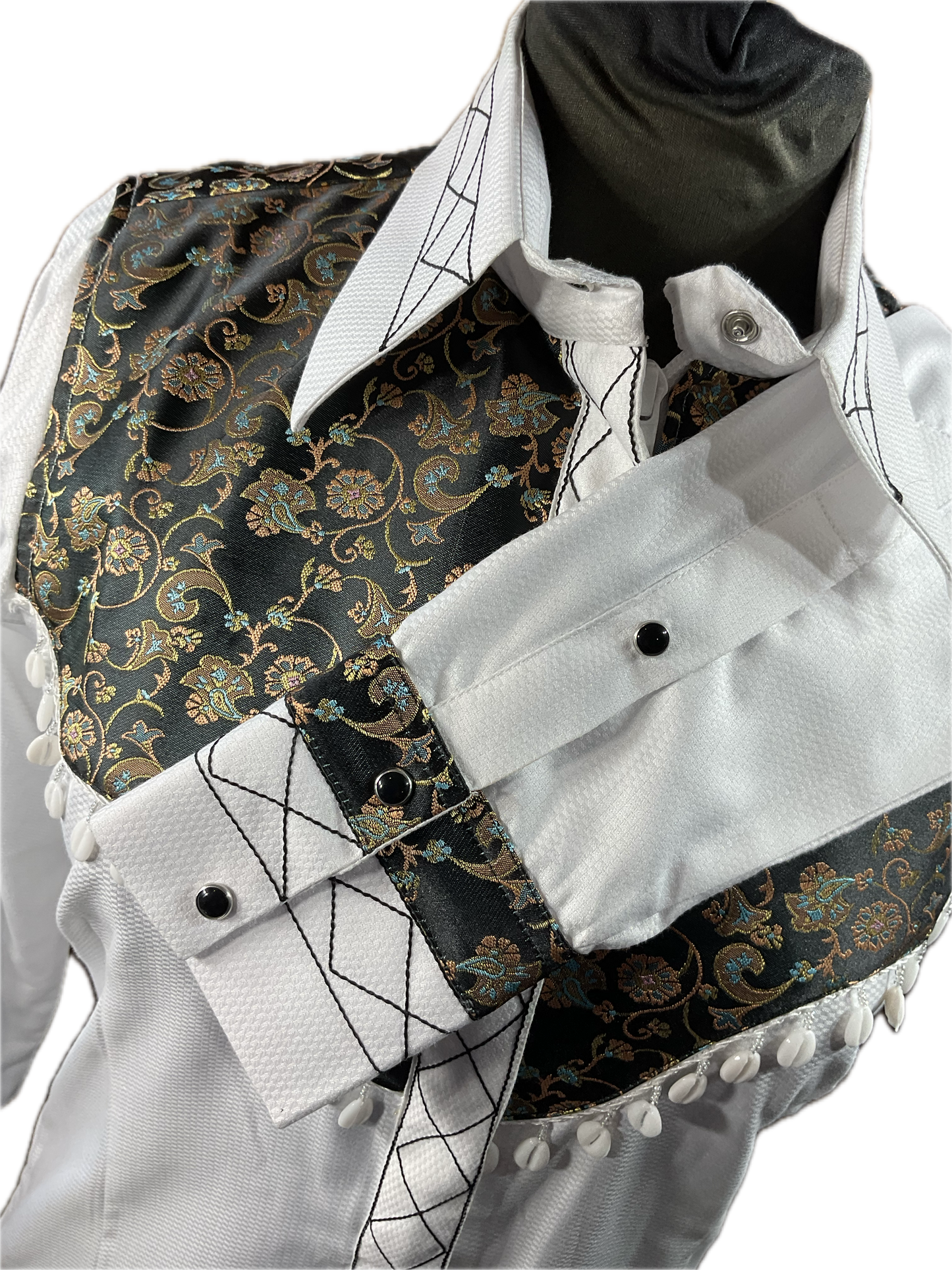 *36 Bust* Western/Ranch hidden zipper shirt white with black floral retro design with white sea shells