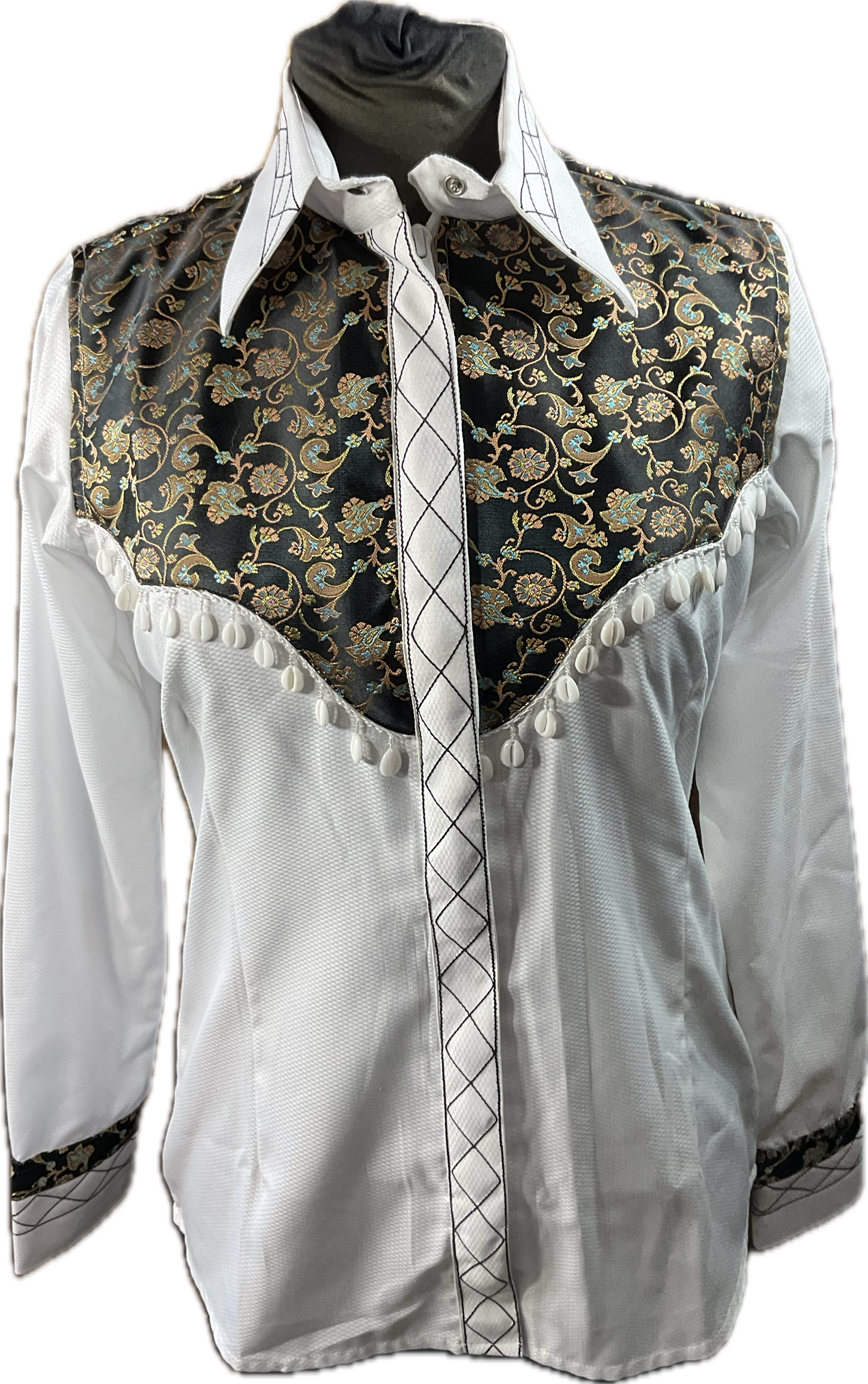 *36 Bust* Western/Ranch hidden zipper shirt white with black floral retro design with white sea shells