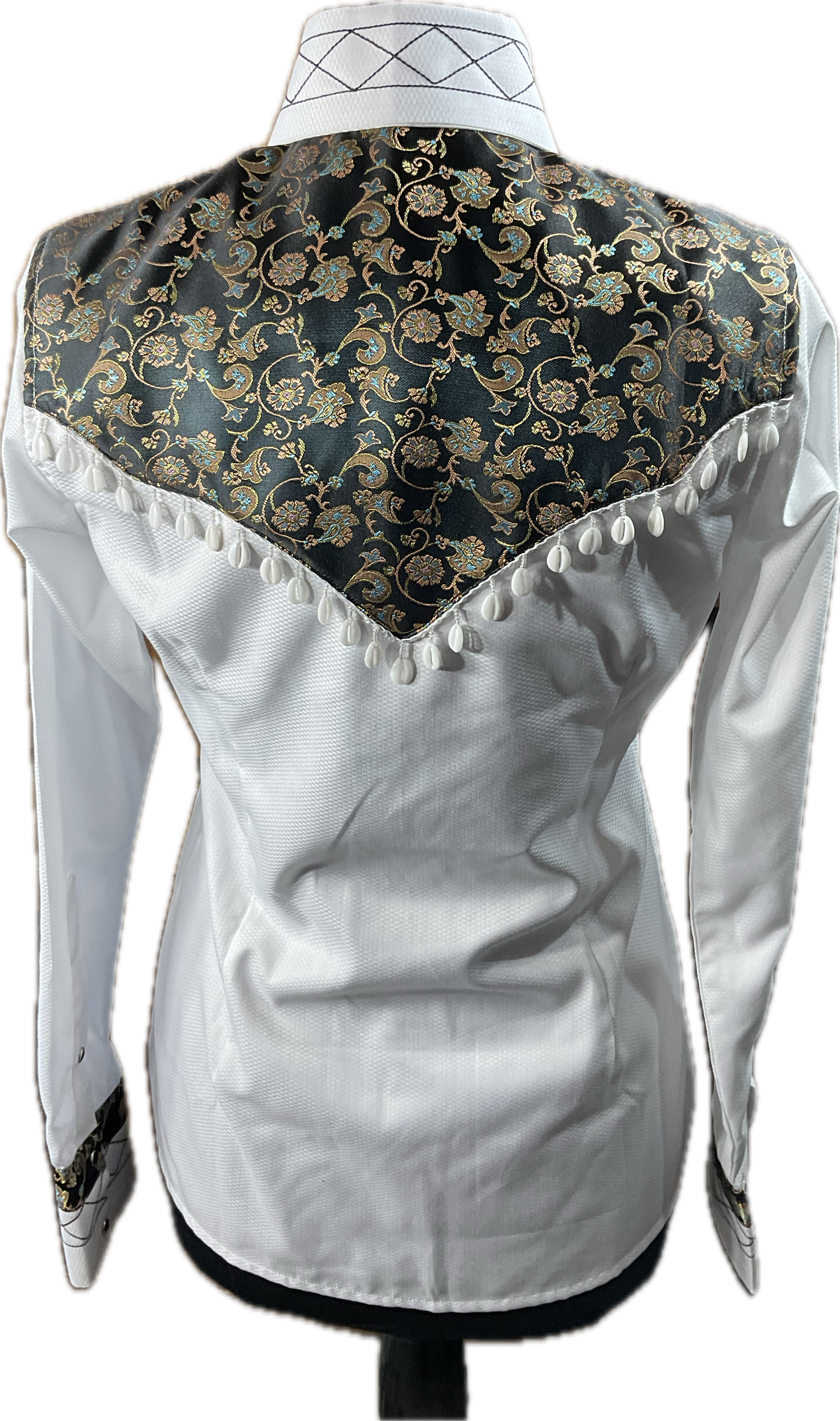 *36 Bust* Western/Ranch hidden zipper shirt white with black floral retro design with white sea shells