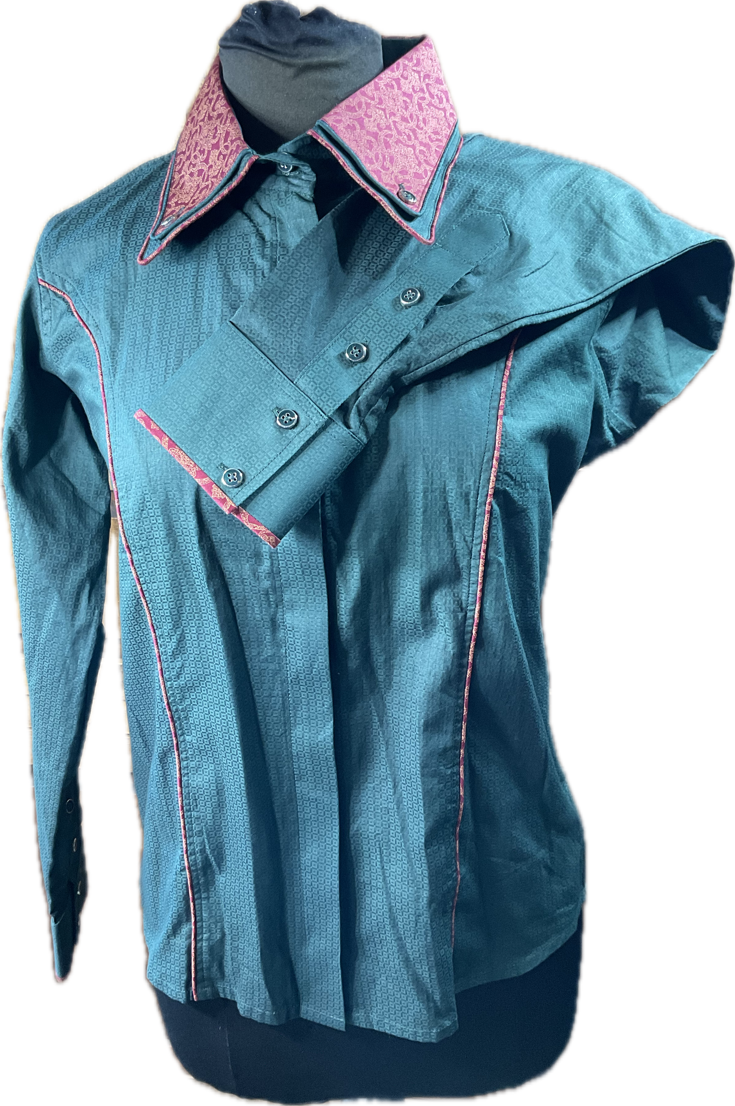 *42 Bust* Western/Ranch hidden zipper shirt double collar hunter green with maroon trims