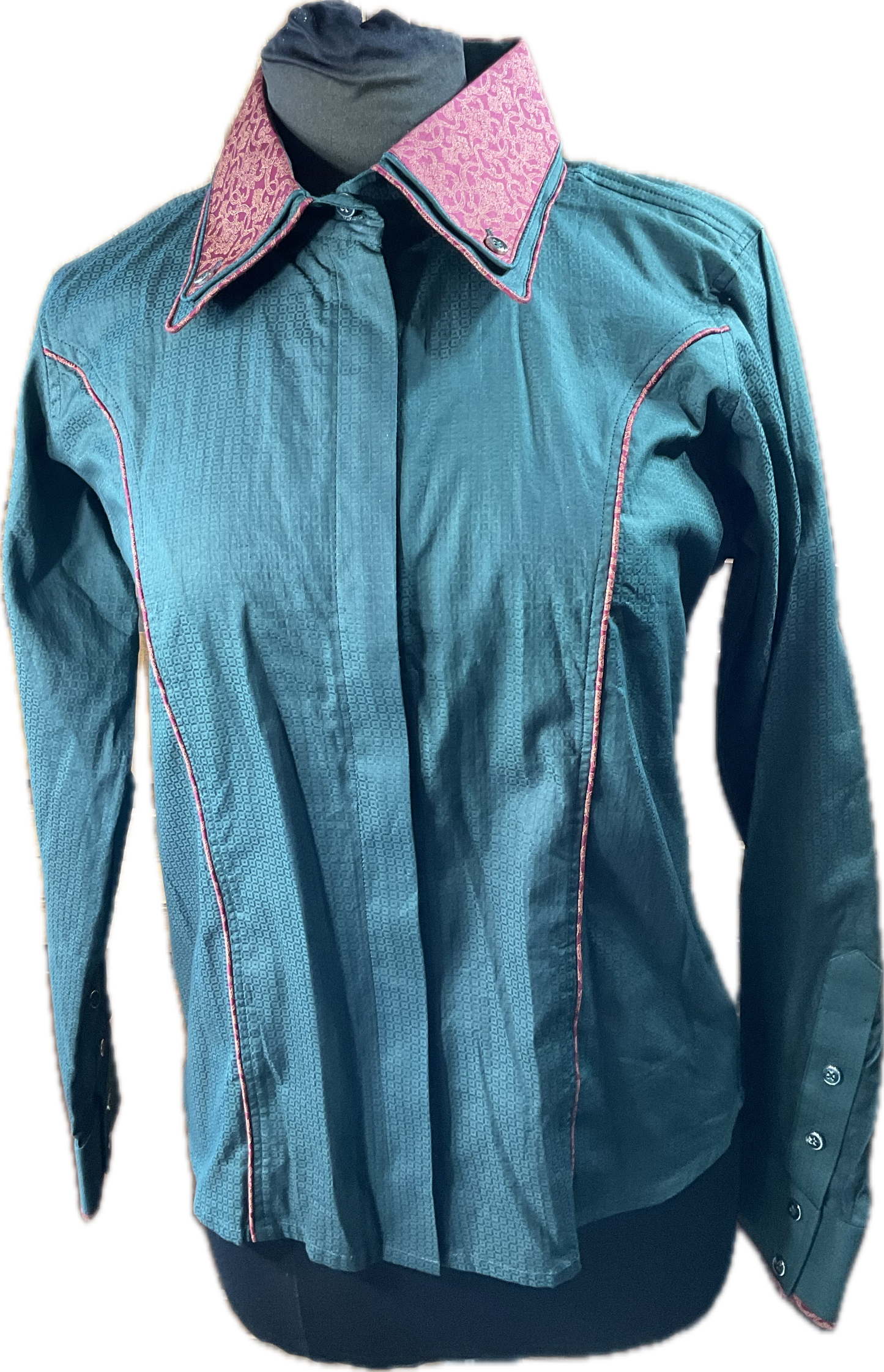 *42 Bust* Western/Ranch hidden zipper shirt double collar hunter green with maroon trims