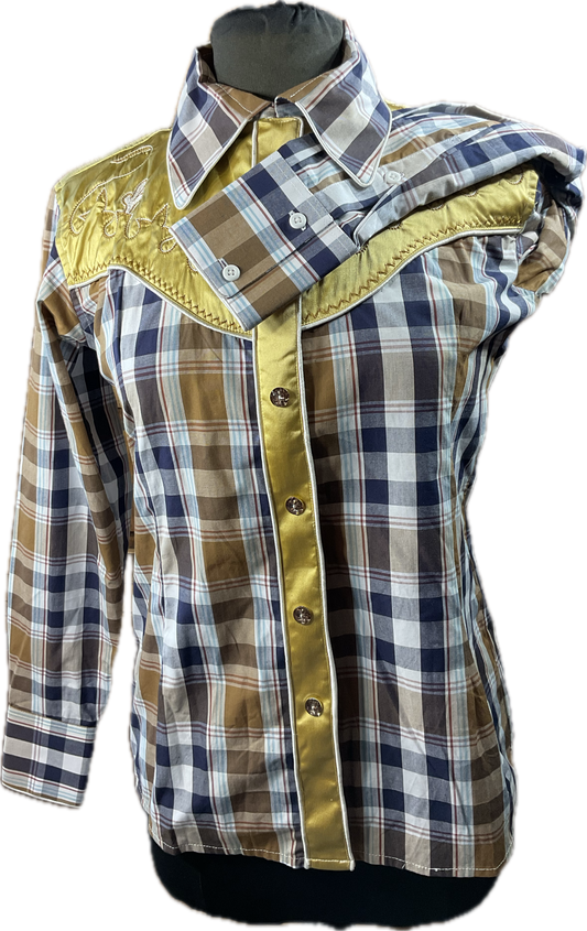 *36 Bust* Western/Ranch single collar hidden zipper shirt brown/navy plaid with gorgeous gold retro design