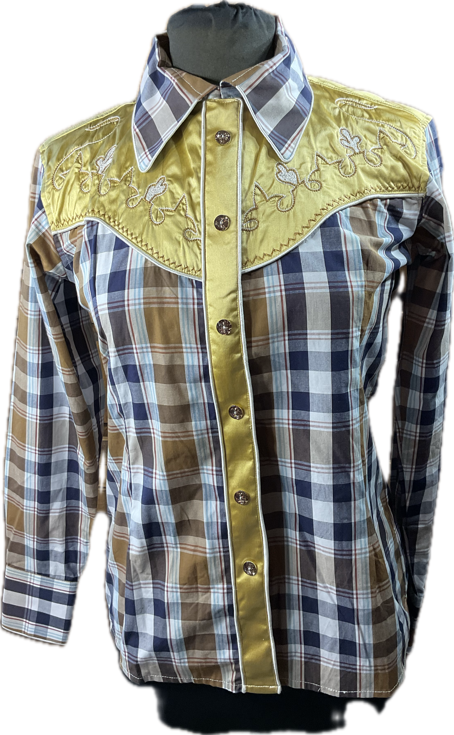 *36 Bust* Western/Ranch single collar hidden zipper shirt brown/navy plaid with gorgeous gold retro design