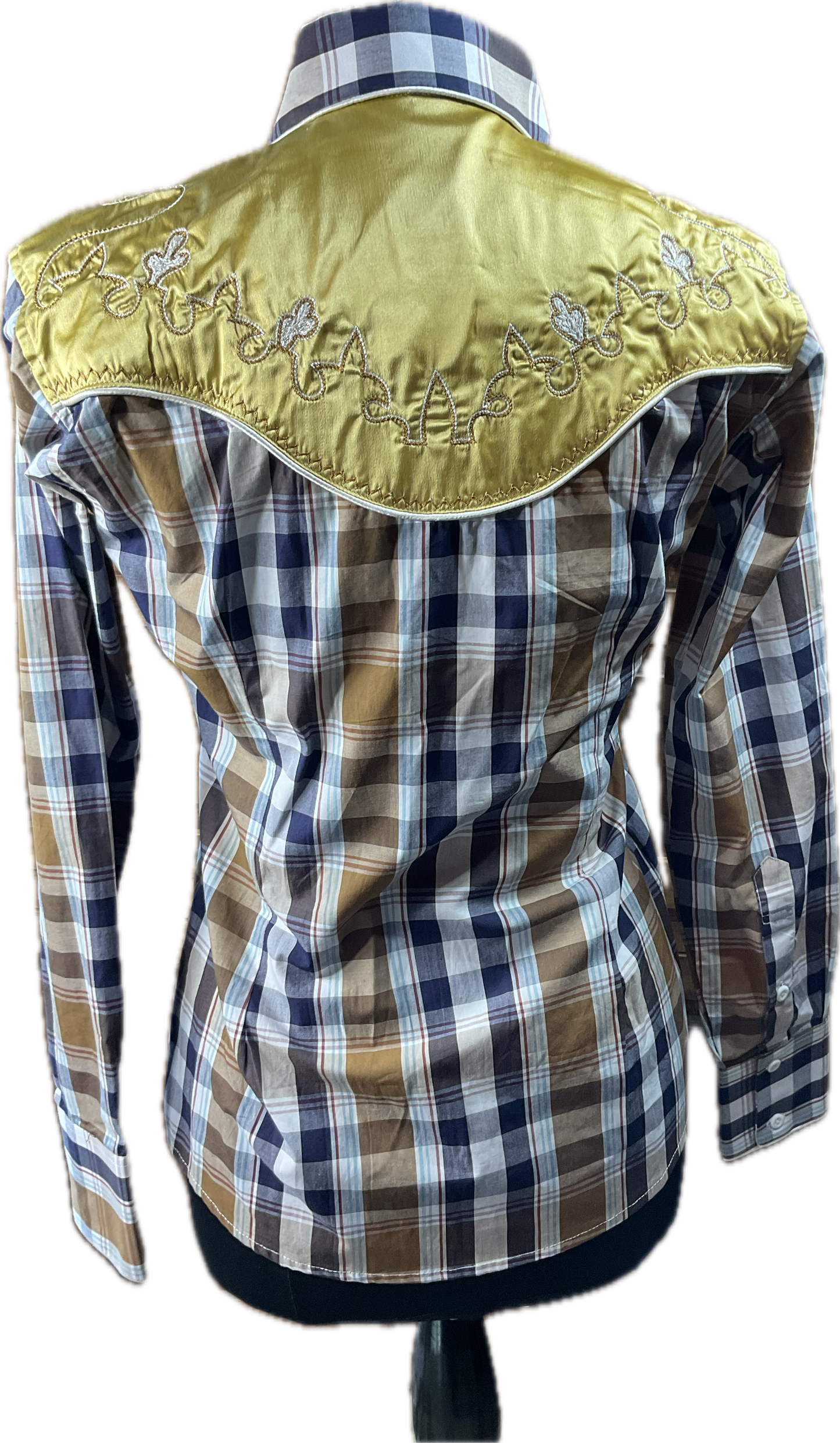 *36 Bust* Western/Ranch single collar hidden zipper shirt brown/navy plaid with gorgeous gold retro design