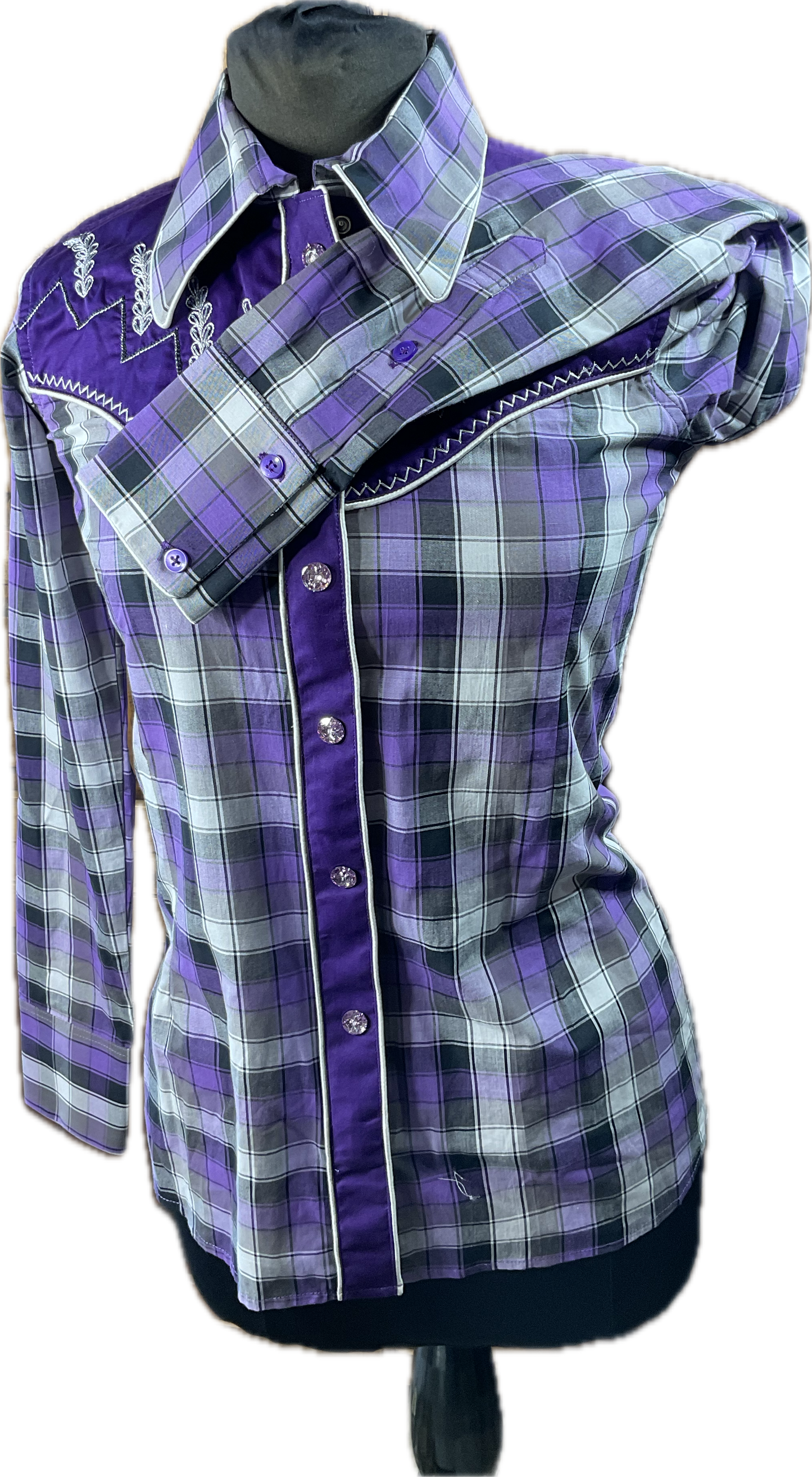 *34 Bust* Western/Ranch single collar hidden zipper shirt purple plaid with gorgeous gold retro design