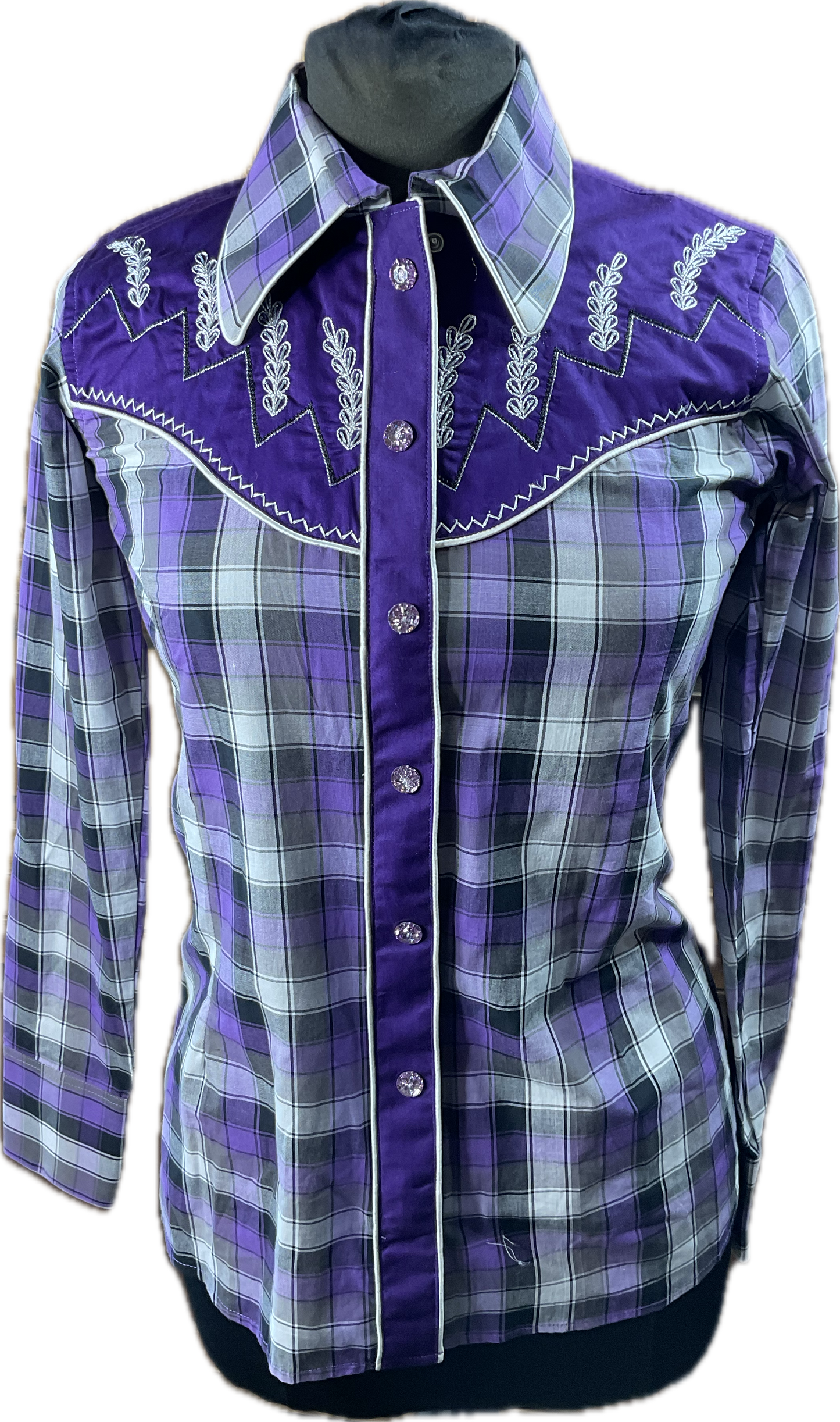 *34 Bust* Western/Ranch single collar hidden zipper shirt purple plaid with gorgeous gold retro design