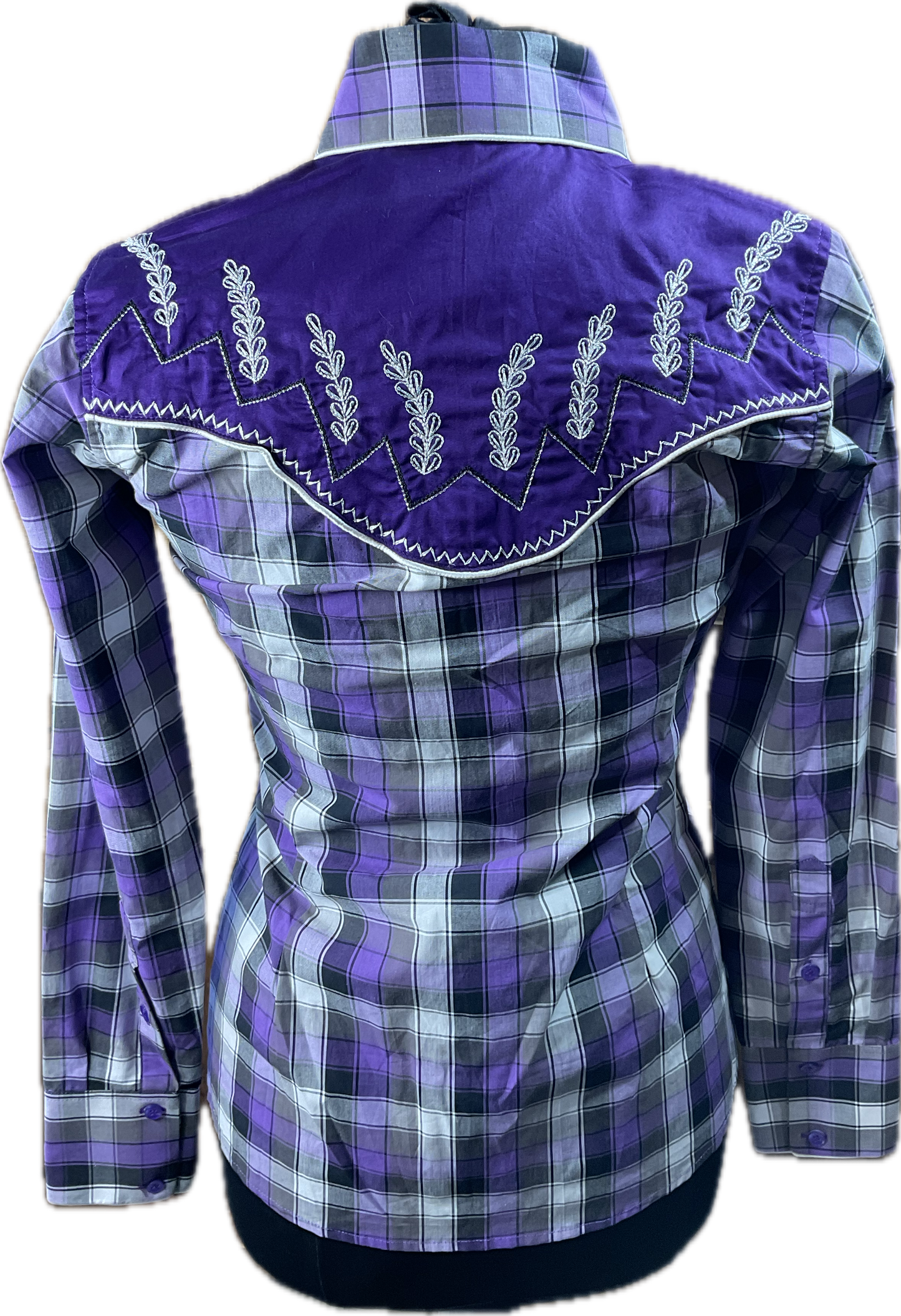 *34 Bust* Western/Ranch single collar hidden zipper shirt purple plaid with gorgeous gold retro design